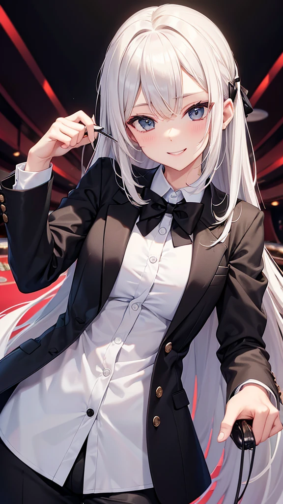 *Clip Skip on* Elaine (25 year old German female, very long ponytail white hair, blue eyes), wearing (white serafuku, opened black leather jacket, black pleated skirt, black choker, black halo, black pantyhose, hairband) playing cards