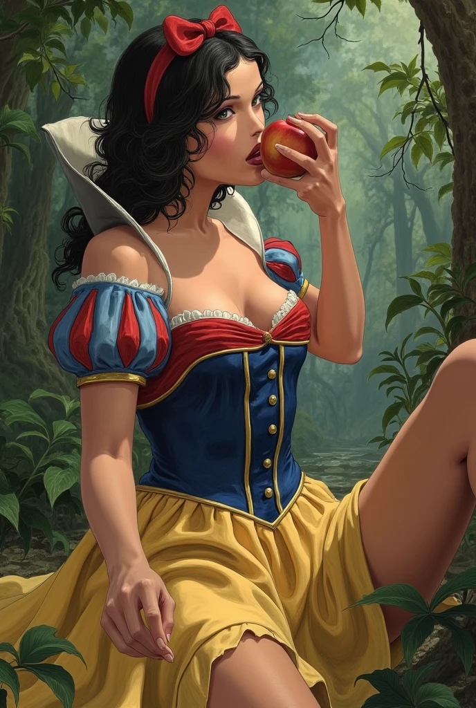 score_9, score_8_up, score_7_up, score_6_up, score_5_up, score_4_up, source_anime, 1girl, solo, , black hair, makeup, lipstick, blue eyes, hud_sn_wh, yellow skirt, white thighhighs, garter straps, blue sequins crop top, puffy sleeves, navel, see-through, midriff, bow, hairband, red high heels, <lora:sn_wh-000008:0.7>, forest, , ,  face, eating apple,