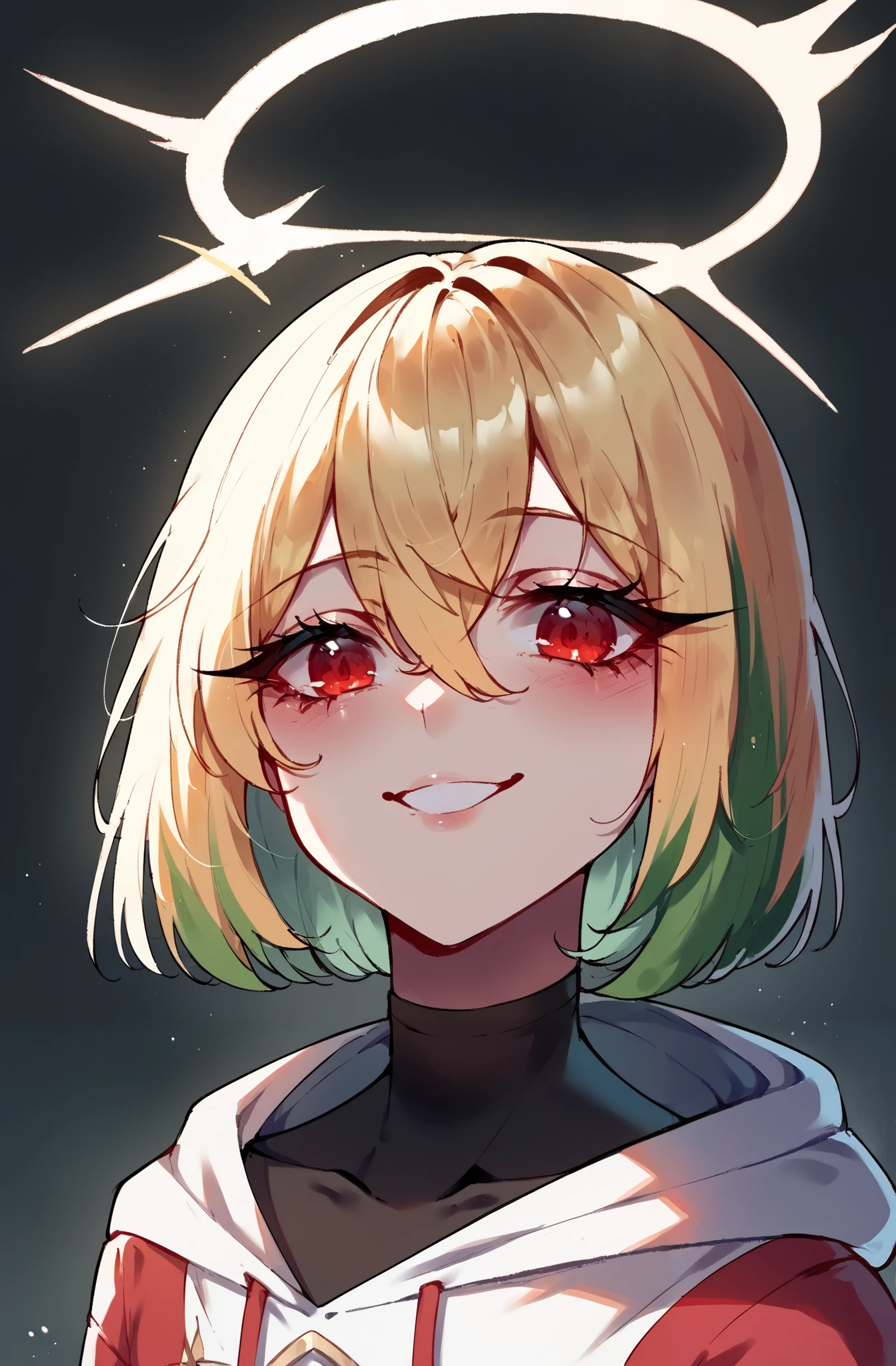 score_9,score_8_ upwards,score_7_ upwards,score_6_ upwards,score_5_ upwards,score_4_ upwards 1girl,One, in profile . Skew view. Single wing, one wing (( one white shining angel wing behind your back)), Blonde girl blond golden hair , bangs, hair between the eyes with a bob cut , poisonous green hair , big red eyes , long lashes , shiny skin, sly smile, white modern overhead sweatshirt hooded size, Halo above my head. dark background .