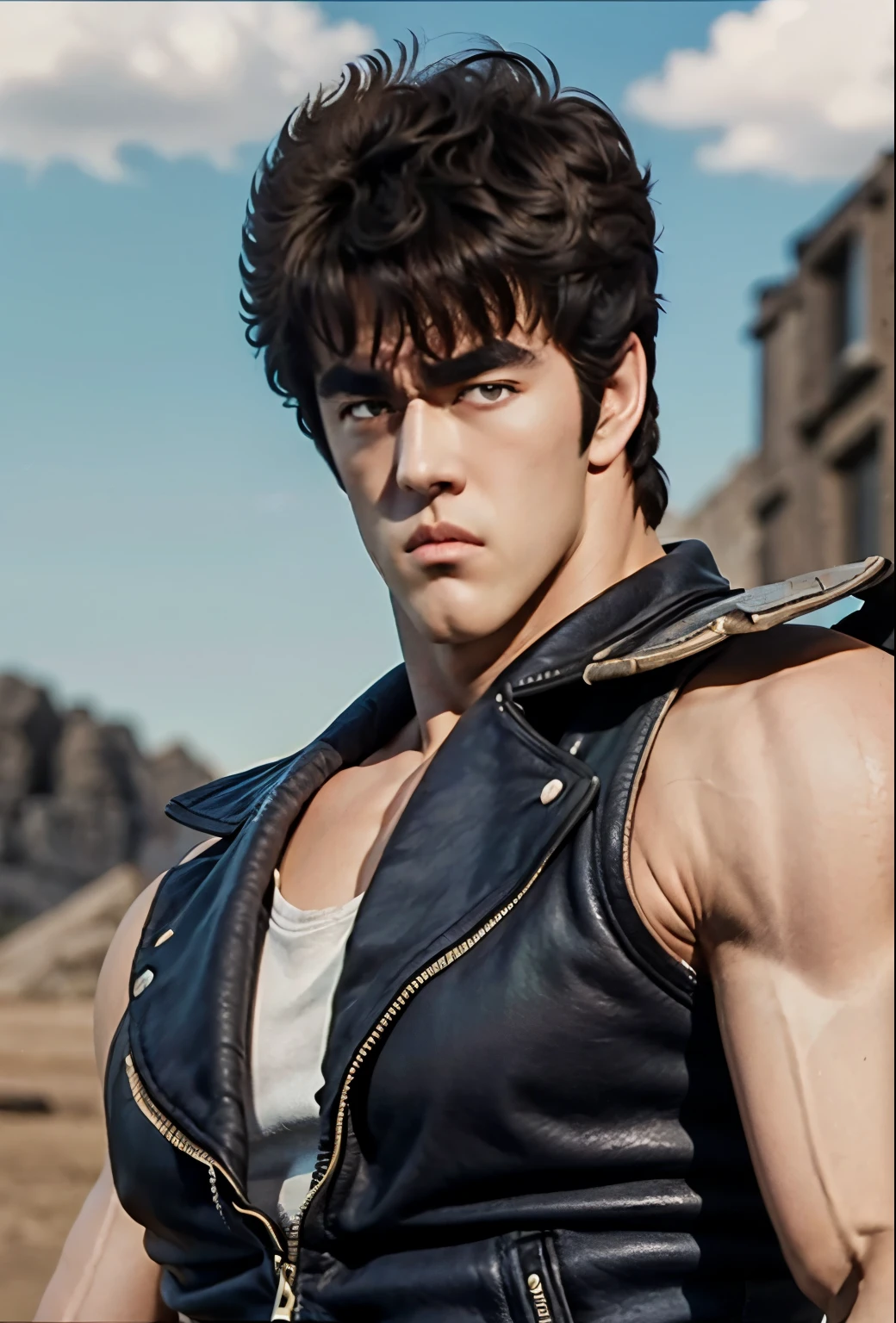 From front,, (( Kenshiro's Hairstyle , Short messy hair)), Brown Hair, thick eyebrows, upper body、 sunglasses