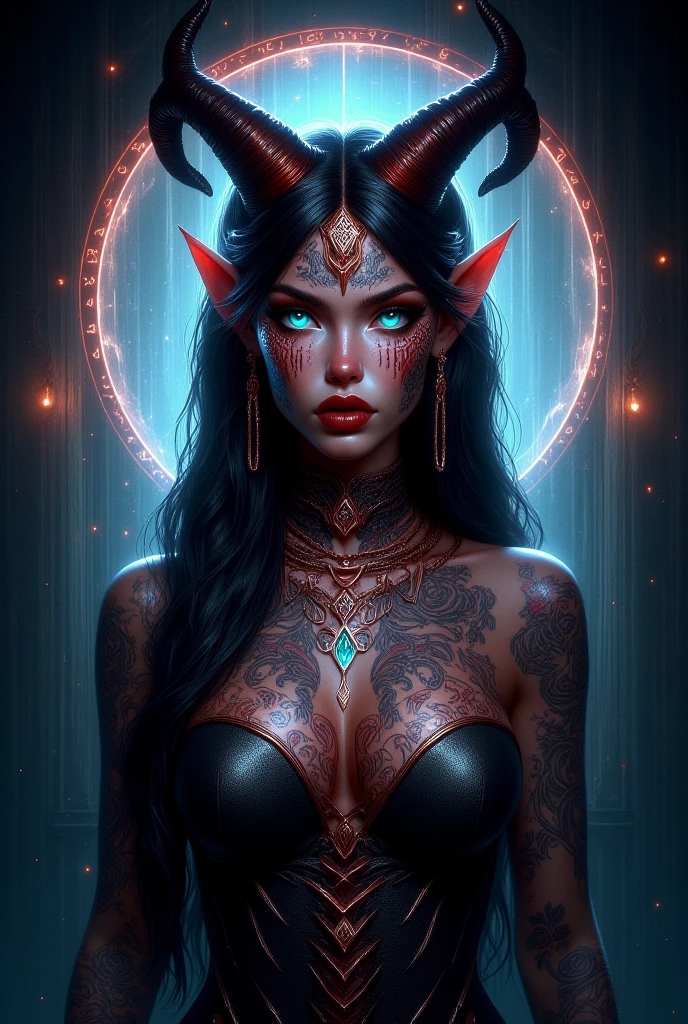 dramatic lighting , Realistic, 8k, Cinematic Composition , dark moody vibe , Dramatic Shadows , Intricate and elaborate pattern , 30 megapixel , chiaroscuro lighting , moody color palette , deep contrast , super real beautiful digital artwork, beautiful digital art, detailed beautiful face, 10k high quality detailed art, very beautiful digital art, digital art. highly detailed, beautiful detailed body, illuminated by a circular light that frames her head Create a hyper detailed photograph of a model perfectly simetrical hr giger tattooed curved drop dead gorgeous demone queen, Stunningly perfect gorgeous feminine face, realistic makeup, detailed vibrant neon sapphire eyes, long flowing hair, Gentle facial curves, Fuller cheek bones, Smaller and wider-set eyes, Less pronounced jawline, Symmetry perfection Proportion facial features, sexual curved heart shaped mouth, long beautiful tattooed legs, beautiful tattooed arms, perfect feminine curved body figure, detailed perfect silky skin texture, perfectly full round breasts, perfect heart shaped ass, beautiful long tattooed legs, full body, full view, fullbody pose, demon queen outfit chain Jewels, highlighted by a soft glow that enhances the dreamlike atmosphere.",