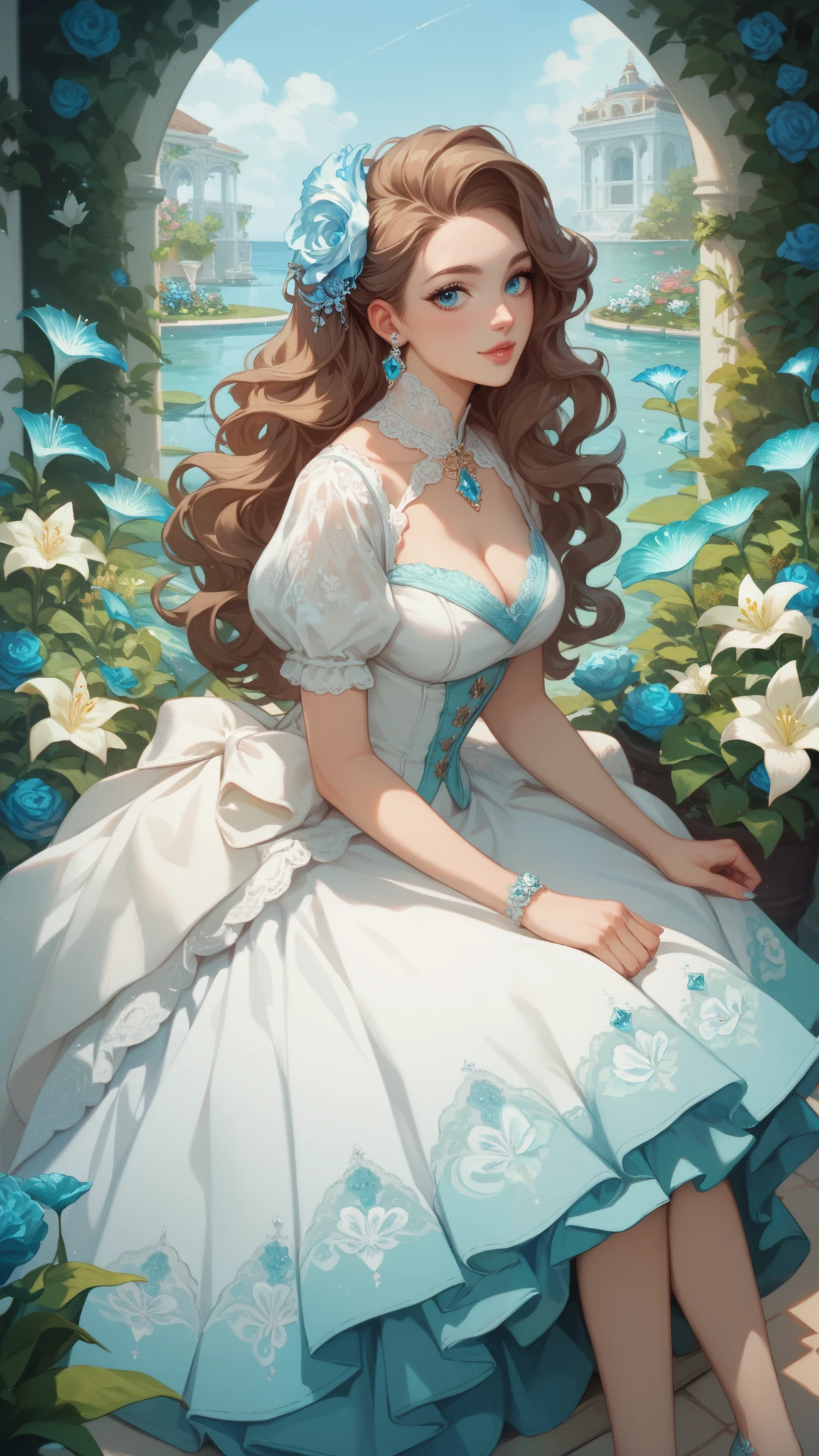 The brown-haired woman with long wavy hair and Aqua blue eyes like aquamarine. The background is a flower garden and she is sitting in a chair with her sitting gracefully like an aristocrat. She is wearing a long light blue and white dress with ornate lilies.