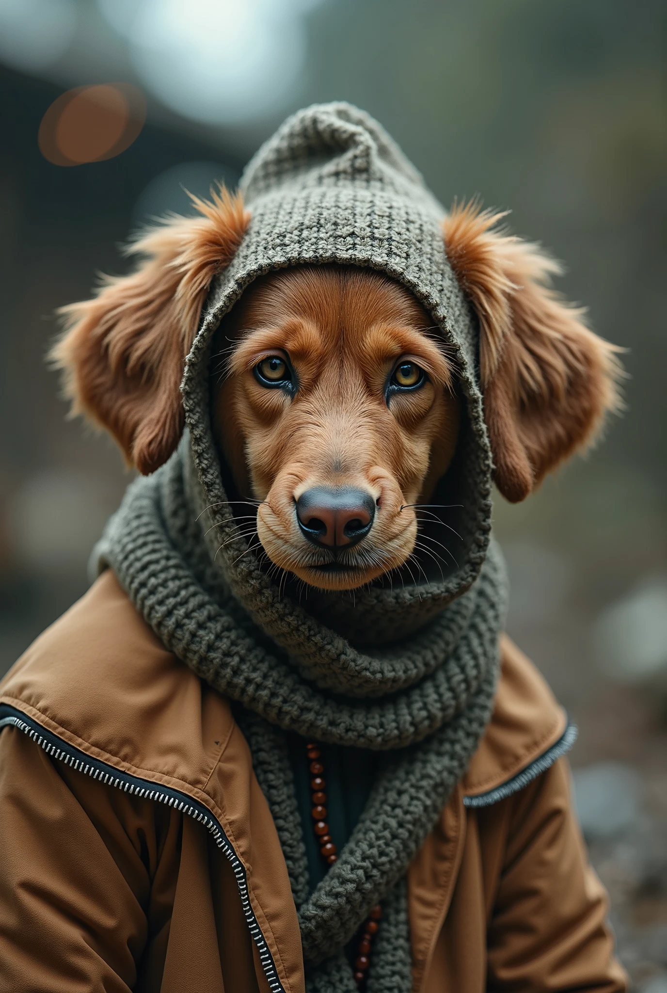 There is a dog wearing a hat and scarf on a leash - SeaArt AI