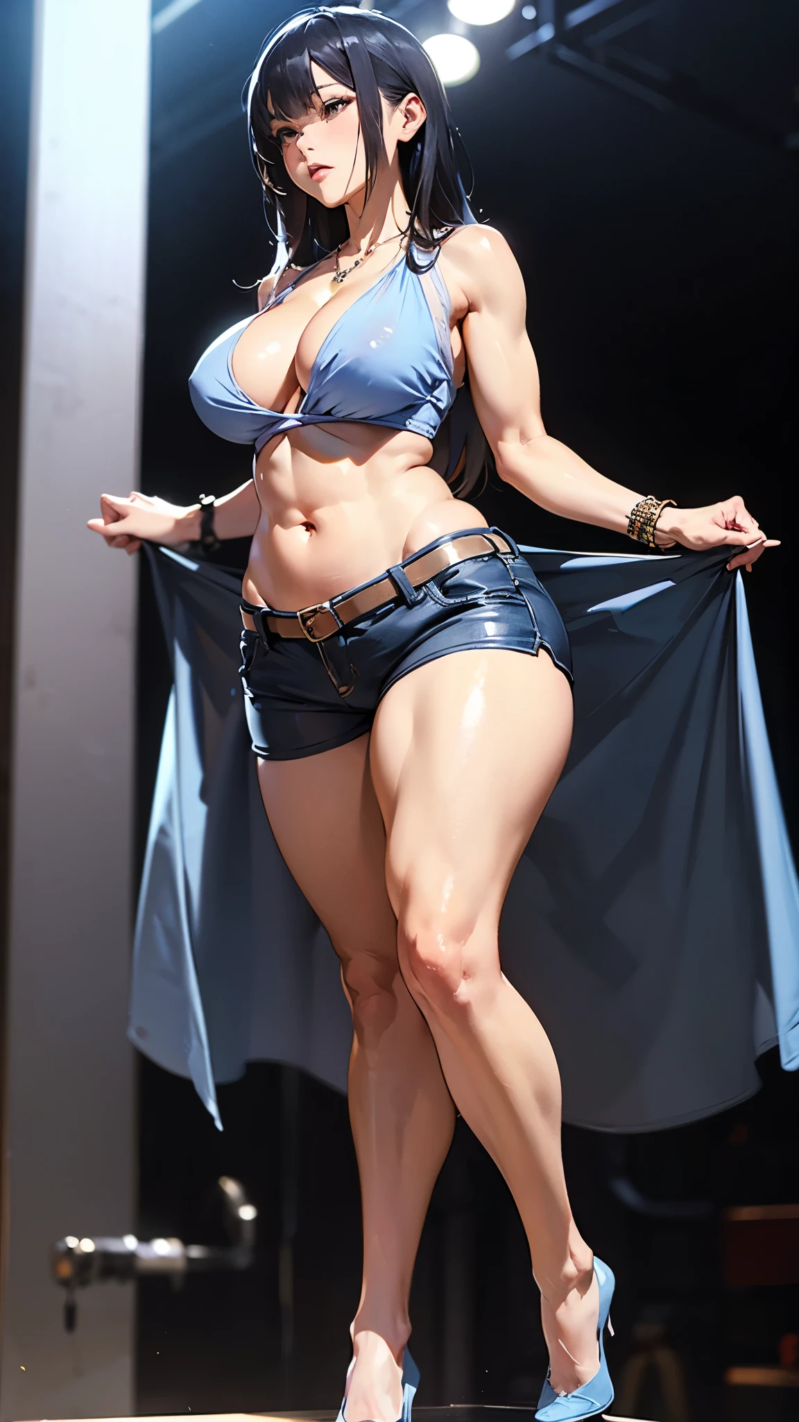 (masterpiece,8k,Award-winning photo,photoRealistic,Realistic,Very detailed,Ultra-high resolution:1.4),Wavy hair with bangs,(Bright rouge lips,sexyな唇),///one person,The most beautiful,18-year-old,(sexy,Japanese Idols),ponytail///Human details Shiny skin,Detailed skin,Beautiful Skin,Beautifully detailed face,Perfect figure,Beautiful details,///(double eyelid,Droopy eyes),(Huge breasts,Cleavage,Beautiful breasts:1.3),///(Bedroom:1),///jewelry,Earrings,necklace,(whole body,Attractive body,Tall and beautiful,Stand up straight:1.7),((Off-the-shoulder blouse,Shorts,High heels:1.2)),///Finished ultra-Realistic textures, RAW Photos,(Tall Girl,Muscular,Abdominal muscles,Muscularな女の子:1.4)