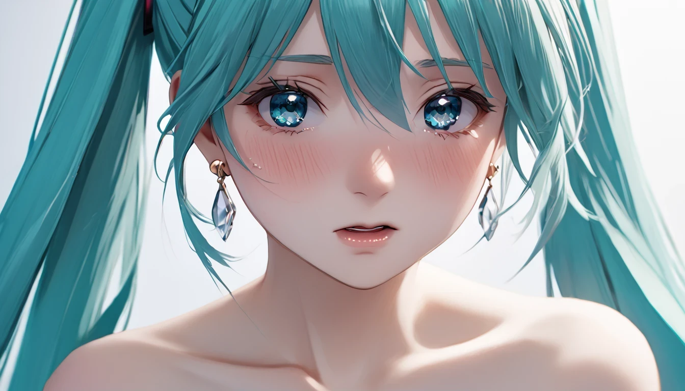 ((( Hatsune Miku)))、(masterpiece, Highest quality:1.2), One Girl, alone,Bony body、、Earrings、、 No Earrings 、 completely naked、 full nude、Medium bust、 big protruding nipples、Close-up、Sad expression、 shedding tears and crying、