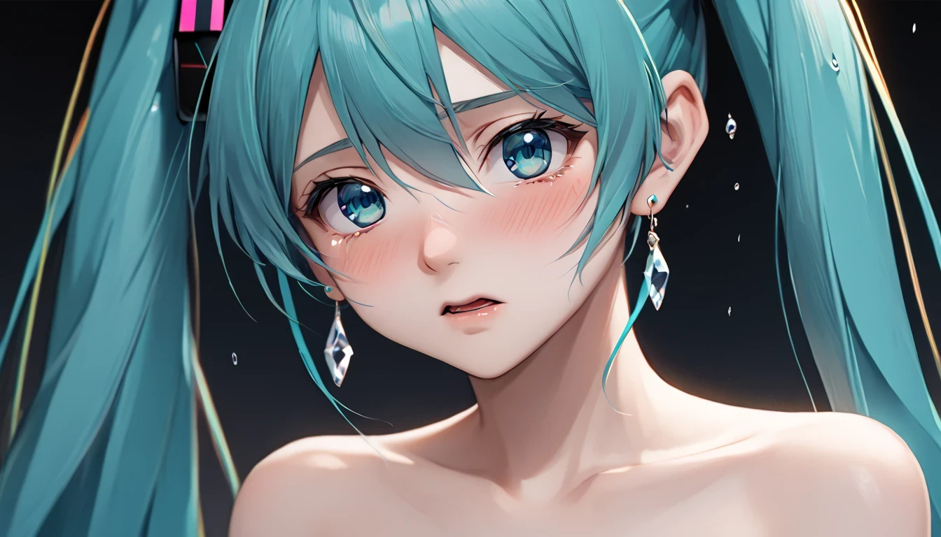 ((( Hatsune Miku)))、(masterpiece, Highest quality:1.2), One Girl, alone,Bony body、、Earrings、、 No Earrings 、 completely naked、 full nude、Medium bust、 big protruding nipples、Close-up、Sad expression、 shedding tears and crying、