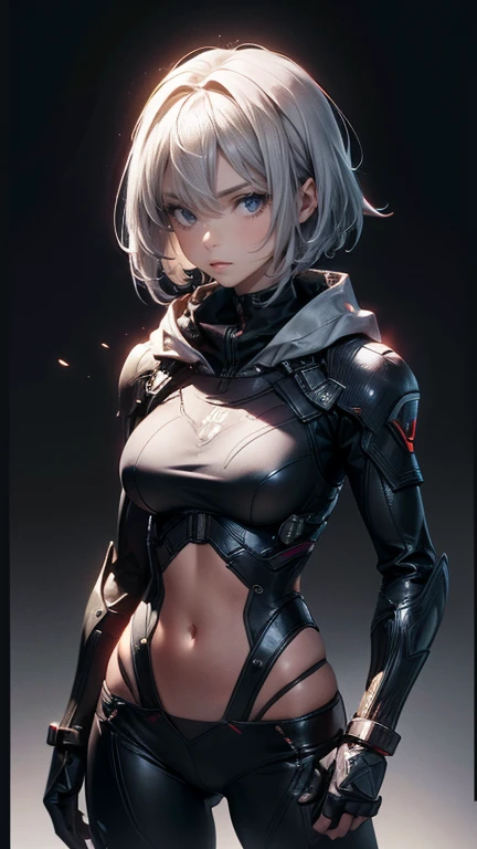(Highly detailed CG unit 8k wallpaper, masterpiece, High resolution, highest quality, natural skin texture), ((20 year old woman, Composition from head to abdomen:1.5, upper body focus:1.5)), Hands in pockets pose:1.5, detailed eyes, gradient eyes, hooded hoodie, Asymmetrical punk short hair:1.2, Ash gray hair color, anime style, hyper realistic, digital painting, concept art,