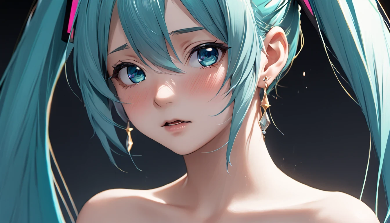 ((( Hatsune Miku)))、(masterpiece, Highest quality:1.2), One Girl, alone,Bony body、、Earrings、、no earring、 completely naked、 full nude、Medium bust、 big protruding nipples、Sad expression、 shedding tears and crying、 close-up、 facing directly、