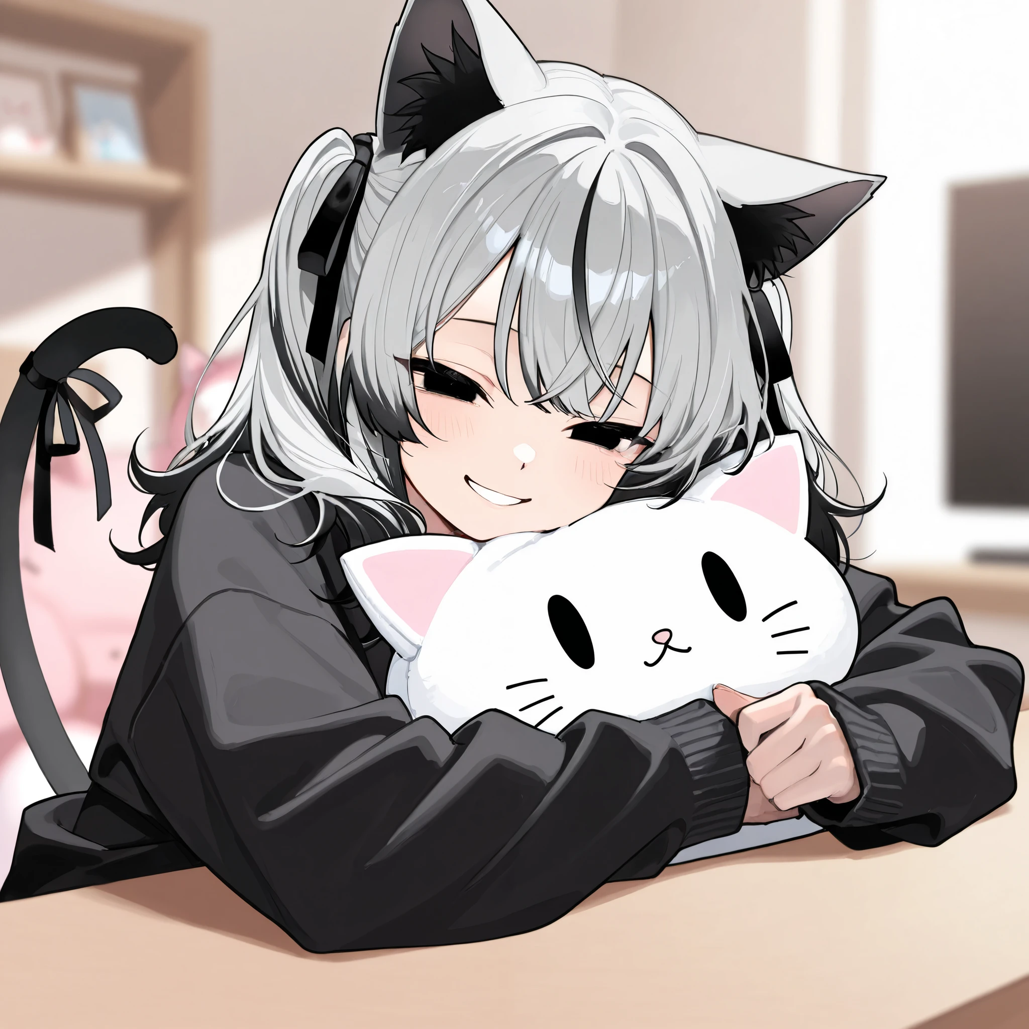 half twin tail、 wave hair、 I'm holding a stuffed cat with black inner color hair 、Gray Hair, smile, black eyes, Narrowed eyes、 Oversized long sleeves , black cardigan, black ribbon,Stuffed catを抱いている, blurry background indoors, indoor、Stuffed cat、 1 girl, Cat ears,Alone, high image quality、 Masterpiece、