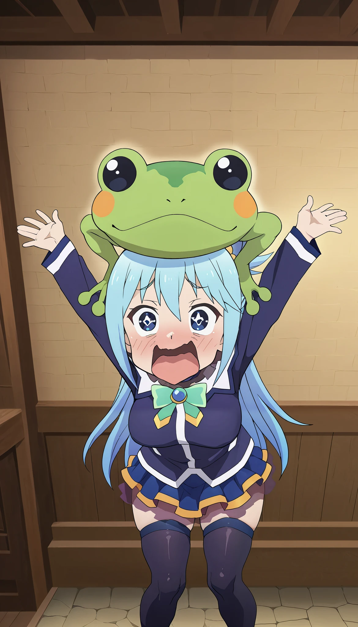 konosuba ,aqua,Silly ,blue fur,mini skirt,Giant green frog