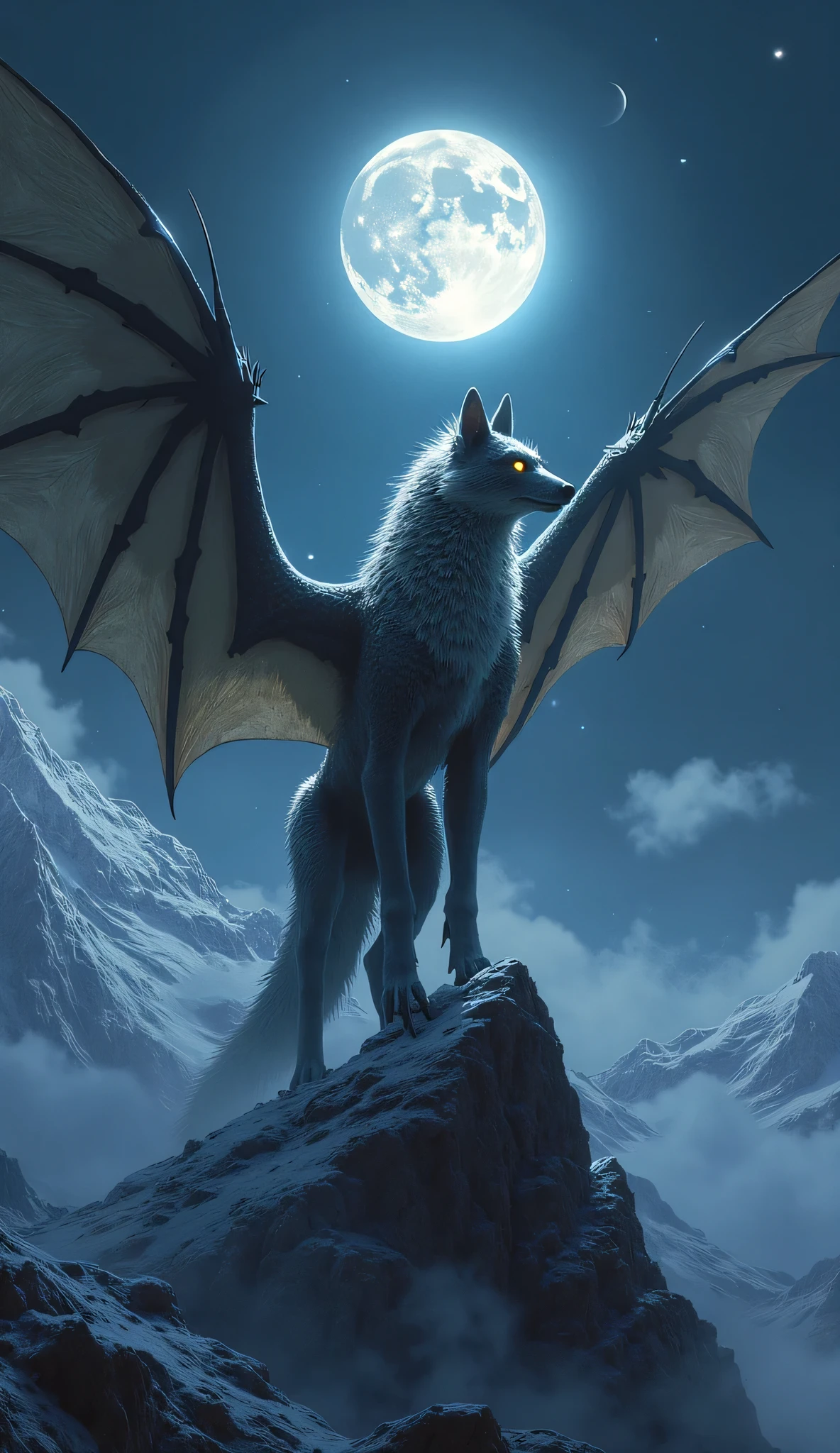 Wolf-Dragon Hybrid: A mystical creature combining a wolf's fierce loyalty and strength with a dragon's scales and wings. The wolf’s body is covered in shimmering dragon scales, and its eyes glow with an otherworldly fire as it howls under a full moon, wings spread wide.