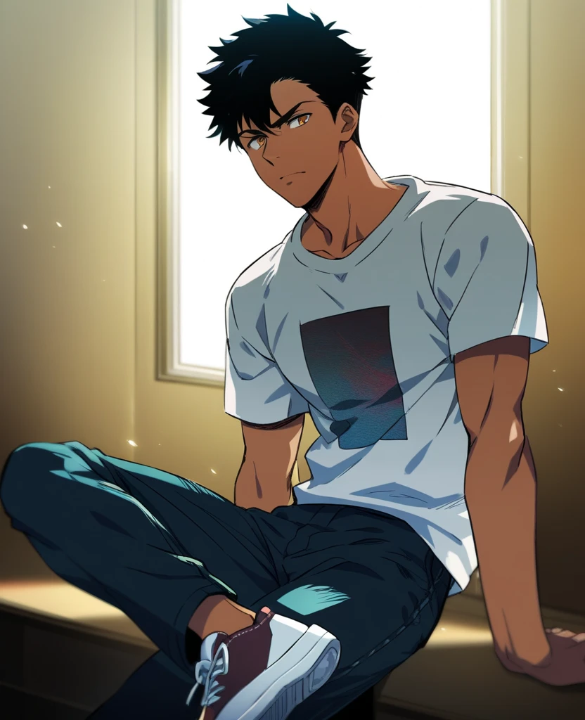 Create a tall, male, anime-style character with dark to dark skin, medium-length, slightly disheveled black hair, intense brown eyes, and a defiant expression. He has a strong, toned body with defined muscles. His clothing is casual and a little messy: a loose-fitting t-shirt with a faded print, ripped jeans, and worn-out sneakers. The setting could be a school hallway or an urban setting, with dramatic lighting to highlight his intense gaze.