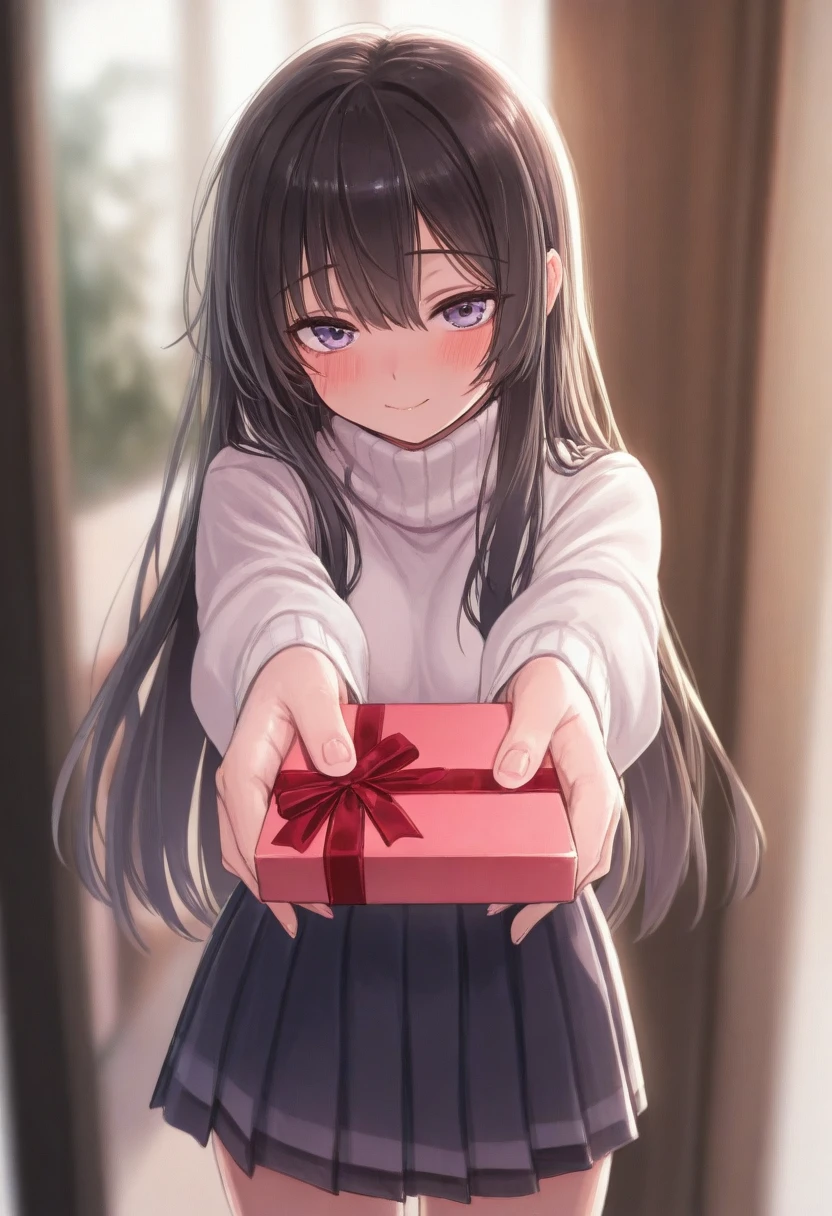 masterpiece, best quality, amazing quality, at Valentine Day, gesture of giving a present, a girl, shy, smiling, looking at viewer, cowboy shot, soft colors, in focus with blurred background, bloom,