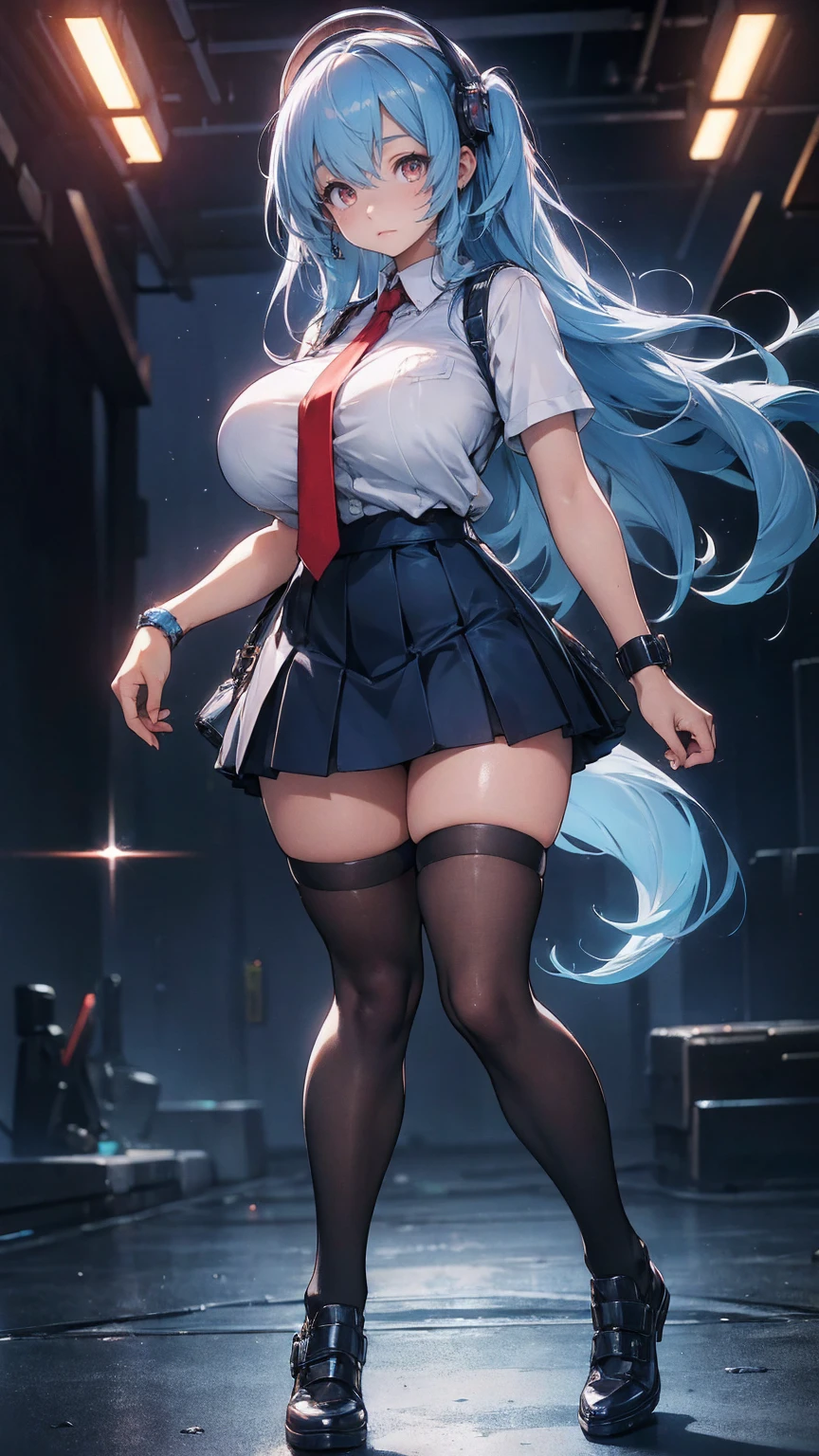 super high quality, 8k, RAW photo, realistic, cute female, light blue eyes, light blue twintails hair, forehead, full makeup, amorous expression, lewd expression, red tight knit sweater, large breasts, slender proportion, open long black shiny iridescent coat with high collar, black miniskirt, (skirt lift white lace panty:1.1), background stairs