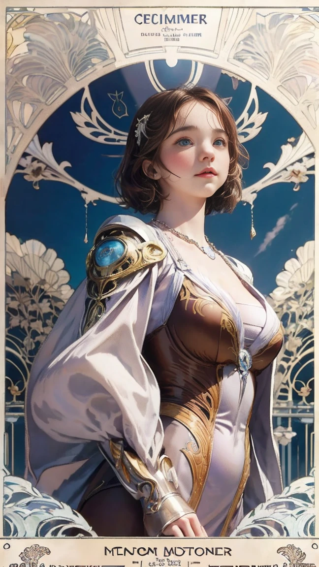 ((masterpiece)), (highest quality), (cinematic), Watercolor painting in the style of Joseph Christian Leyendecker, poster, Goddess of Dance , big breasts, Big eyes, long and thick eyelashes, cleavage, lip whole, chubby cheeks, dark red eyes, short hair, high ponytail, accessories, flower_background, Features intricate designs and patterns in the style of Joseph Christian Leyendecker。