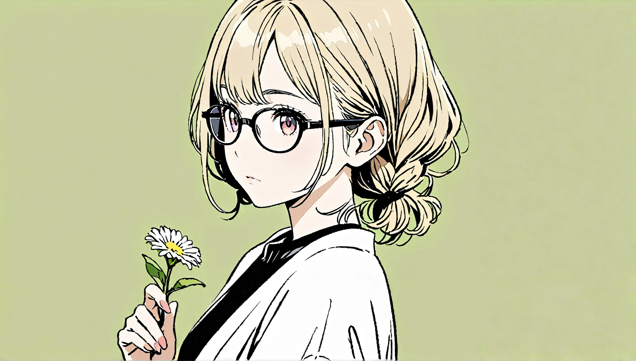(( expressionless )),( Hair)),Glasses、masterpiece, (((holding a flower))),(((Rear view)))、Highest quality, Beautiful attention to detail, Very detailed, In detail, High resolution, Perfect Anatomy, , , girl, (one person:1.5), alone, ( long hairstyle with braids),黒縁Glasses、 ( black shirts), (( simple solid color background))), Background, (City Pop anime), Kyoto Animation, ,anime, Front view、