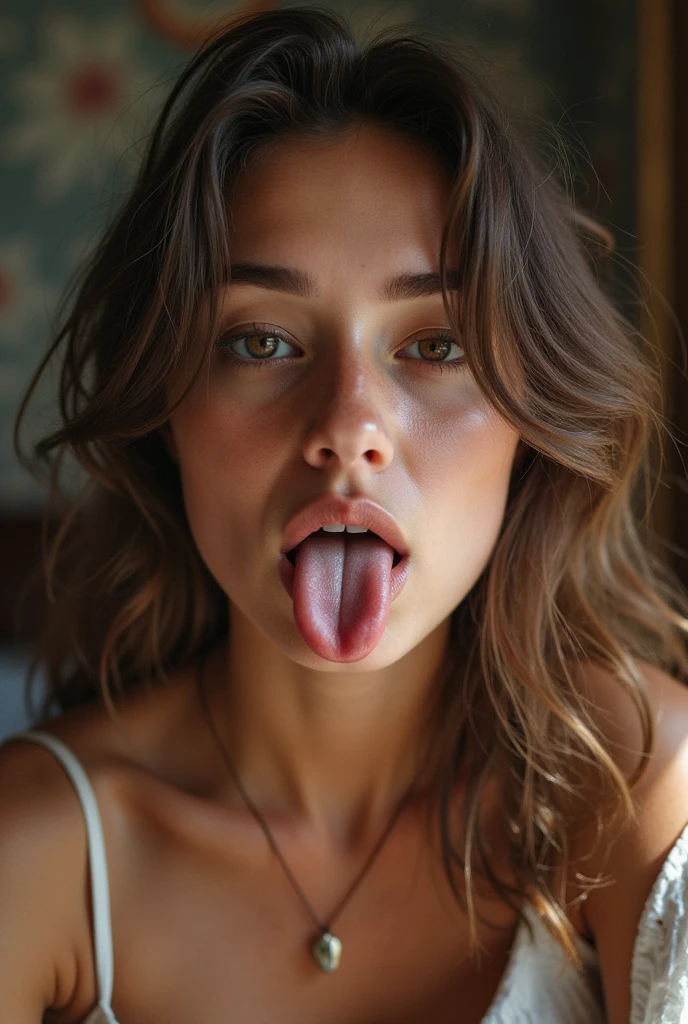 Woman with upturned eyes with tongue out, e muito esperma na face dela.Camera focus on her face.