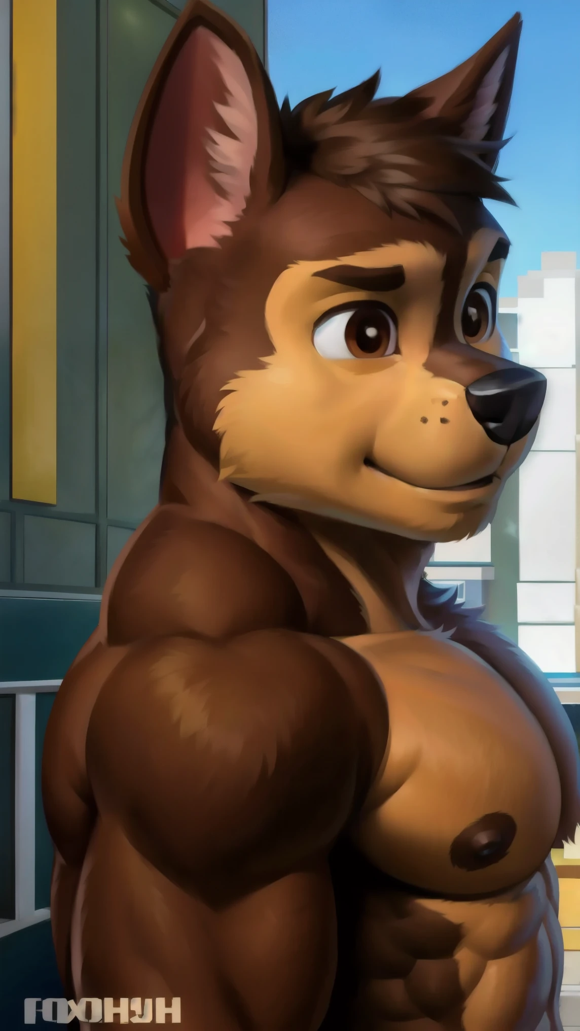 detailed fluffy fur texture,  impasto-impressionism , (authors foxovh, Ross Tran, Mikhail Garmash , Pinot Daeni, A SPARK),  detailed eyes ,  highly detailed pupils , Single, fluffy, antro, Chase-PP , domestic dog, pectoralis major muscle, male dog,  brown eye ,  brown fur , light brown body,  muscular body,  fully naked boasting , muscular, очень muscular,  underwear erection ,