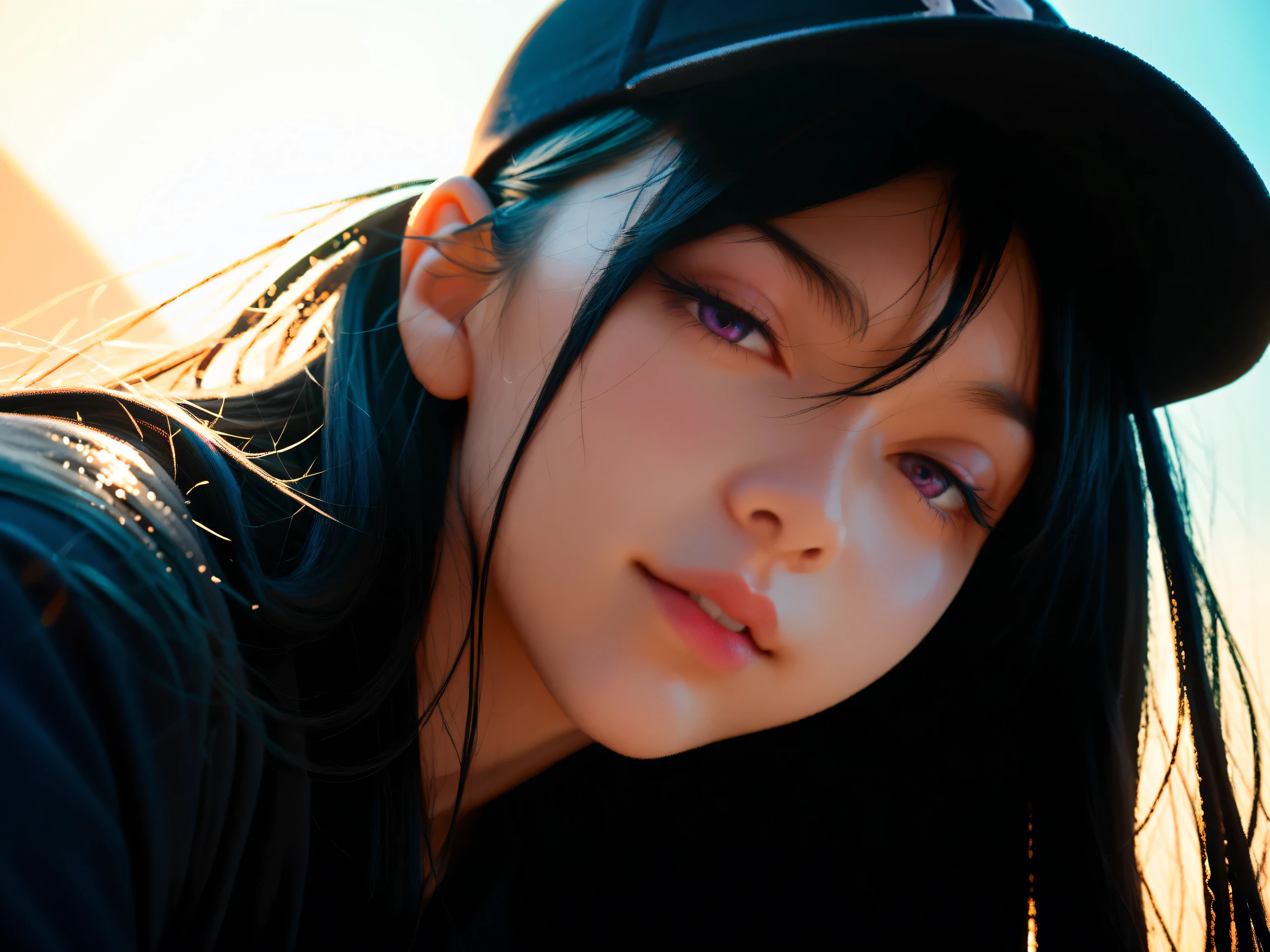 1 girl, Madoka, long hair, black hair, black cap , 8k, by Nomi, super detailed, 70mm lens ,