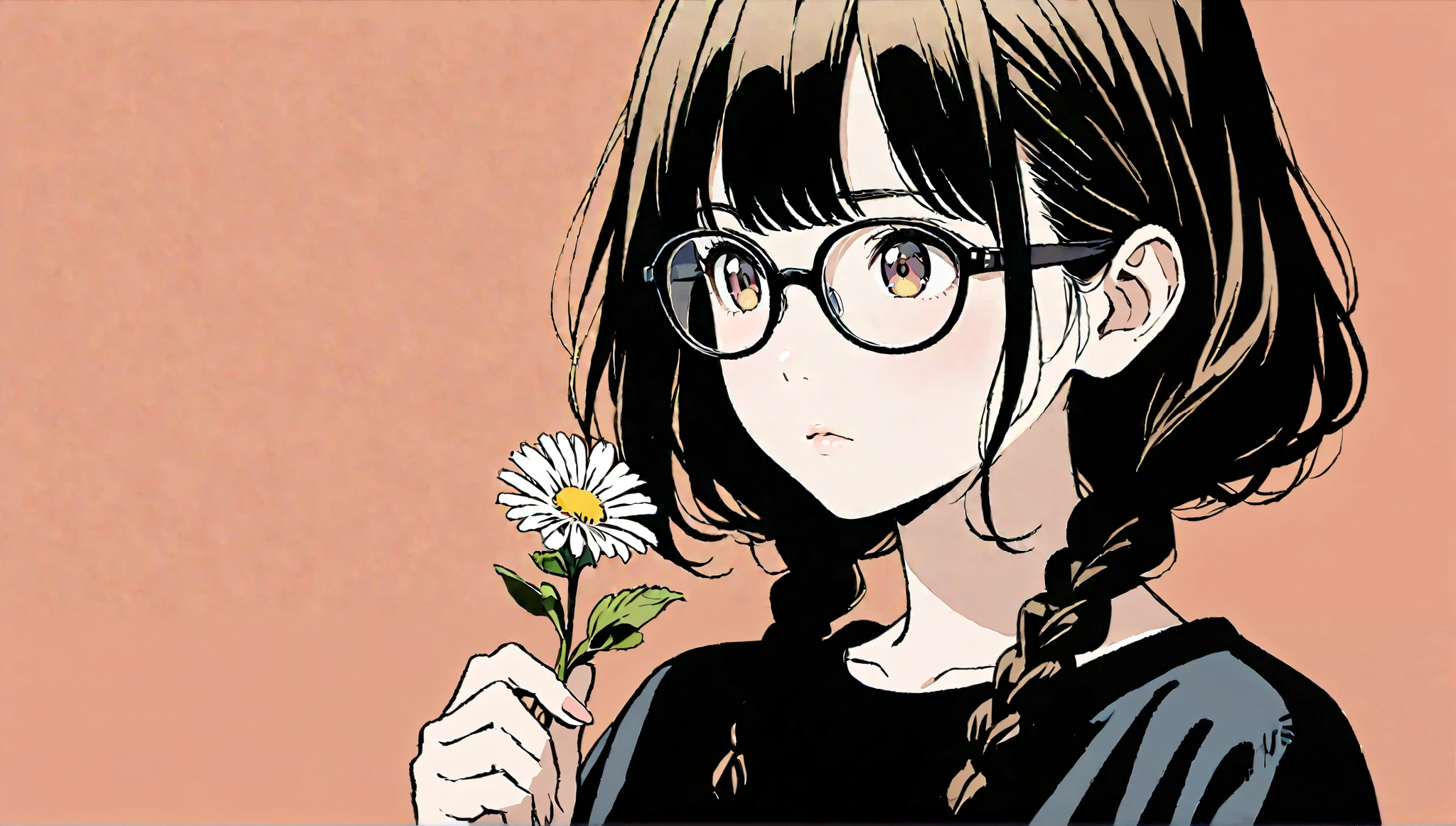 (( expressionless )),( Hair)),Glasses、masterpiece, (((holding a flower))),(((Front view)))、Highest quality, Beautiful attention to detail, Very detailed, In detail, High resolution, Perfect Anatomy, , , girl, (one person:1.5), alone, ( long hairstyle with braids),黒縁Glasses、 ( black shirts), (( simple solid color background))), Background, (City Pop anime), Kyoto Animation, ,anime, Front view、