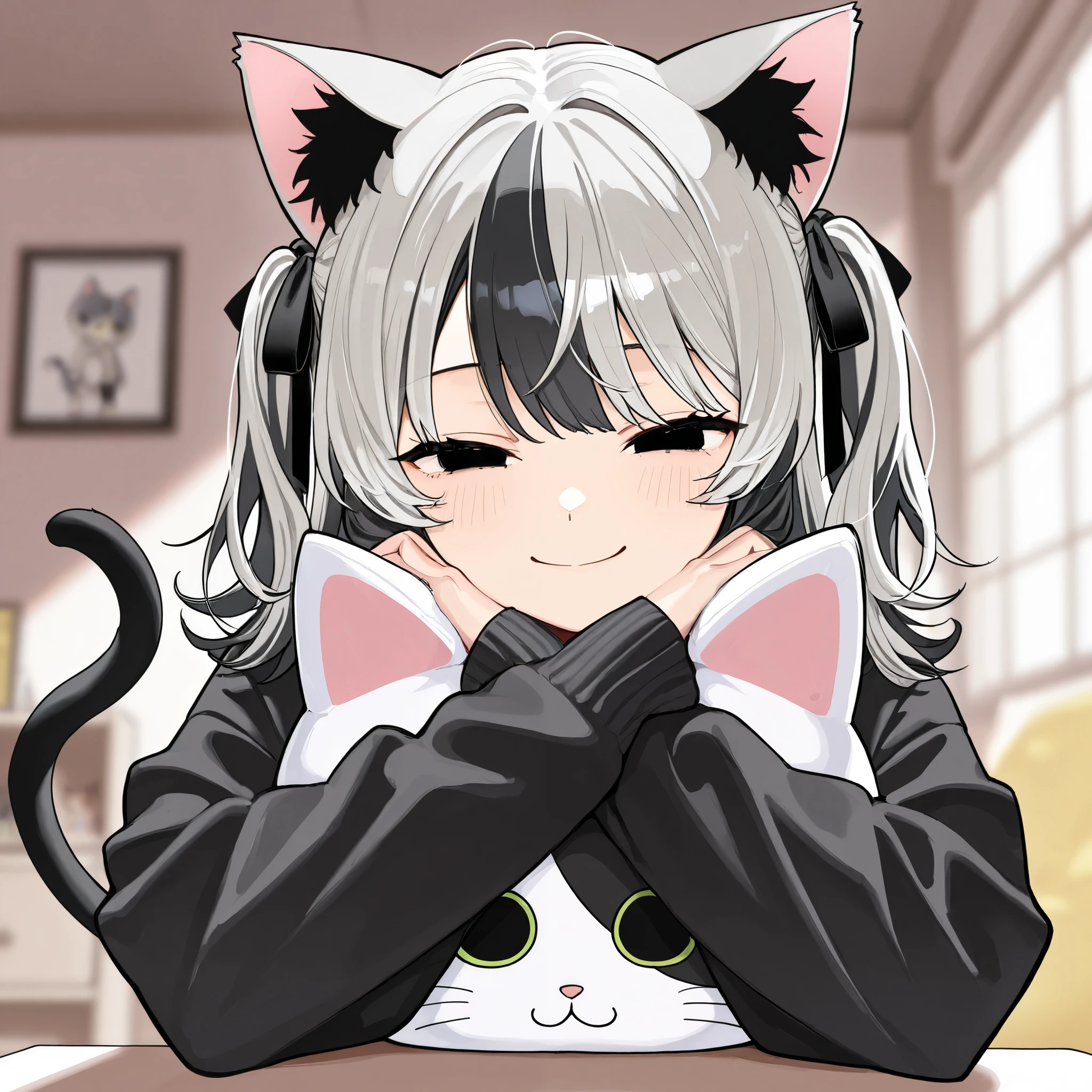 half twin tail、 wave hair、 I'm holding a stuffed cat with black inner color hair 、Gray Hair, smile, black eyes, Narrowed eyes、 Oversized long sleeves , black cardigan, black ribbon,Stuffed catを抱いている, blurry background indoors, indoor、Stuffed cat、 1 girl, Cat ears,Alone, high image quality、 Masterpiece、