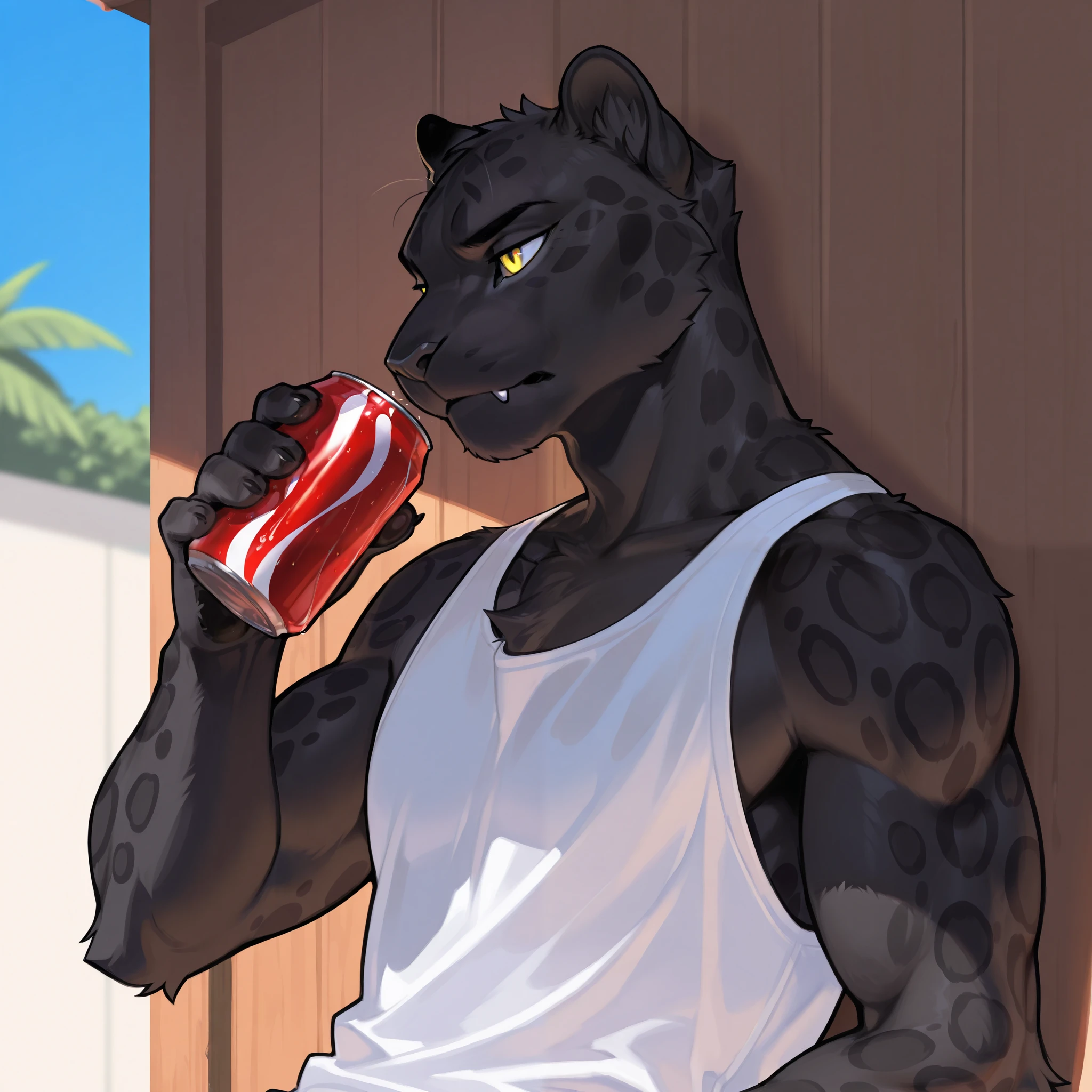 Spotted black panther furry, yellow eyes, spotted black panther, summer clothes, man, masculine, spotted black panther features, summer, solo, soda can.