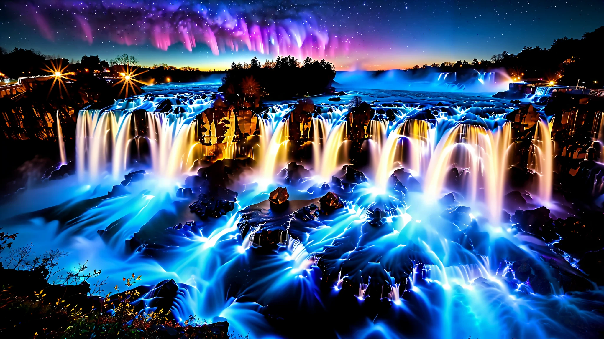 A masterpiece in 32K resolution , Top Quality , very detailed, realistic expression, high-resolution 32K wallpaper , shot with a fisheye lens , The flow of many layers of waterfall , Niagara Falls , spectacular scale ,A very high waterfall with ,Bird's Eye View, very detailedな特徴, Amazing Details . spectacular waterfall that falls directly from the starry sky , falling on metal , shining cliff surface . sparkling blue and purple water , holographic streams intertwine . bioluminescent flowers and trees 々 shining at the bottom of the valley 々 magazine in photos , Its Leaves Reflect the Light of Water . floating light that envelops the scene , mysterious addition , creates an otherworldly atmosphere ., } countless stars in the background 々 and galaxy clusters ,Mysterious charm, Mysterious Atmosphere , fantastic atmosphere with splashes of water ,