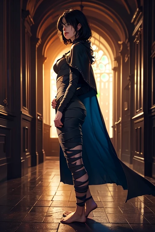 dim light, old church, mature female vampire, red lips, expose vampire tusk, glowing blue pupils, slim, tall, long blonde curly hair, long black cape, blue-black leotardy long lace-skirt with diamond, gold bracelet, 8k, Unreal engine, highly detailed, octane render