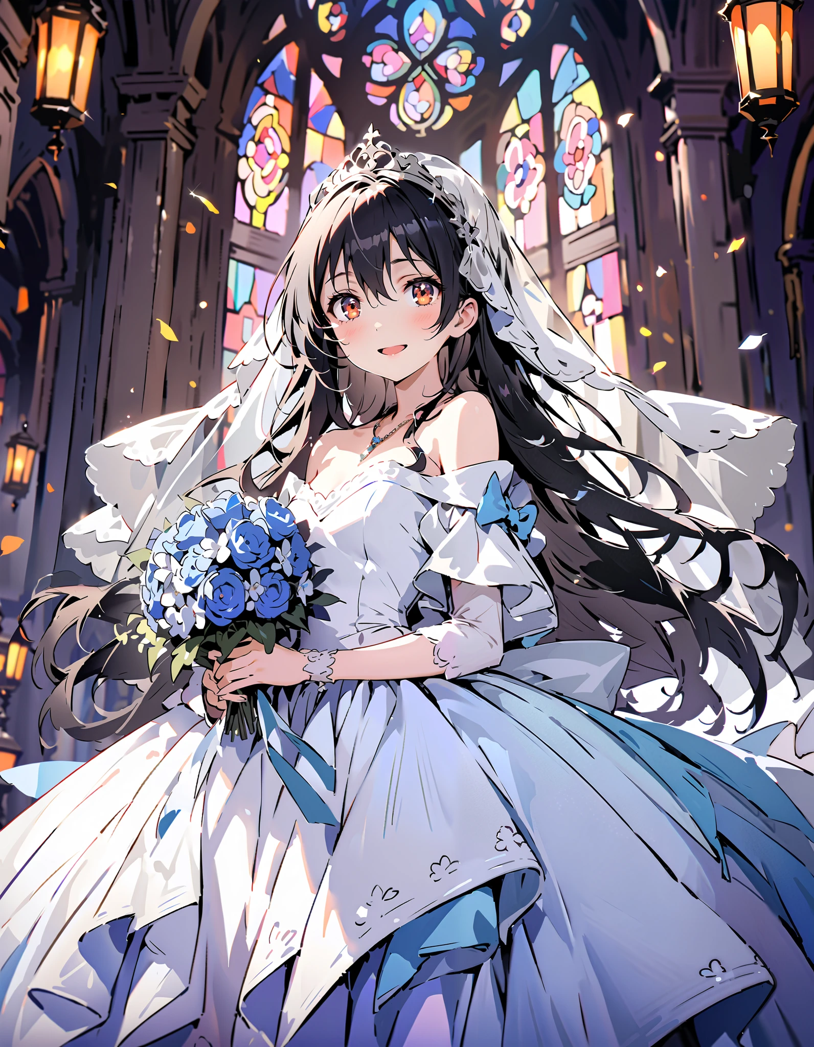 Sonoda Kai , long hair, bangs, brown eyes, lantern,smile,, open your mouth , off shoulder wedding dress, wedding long skirt with a bouquet of flowers in both hands, Veil, tiara , necklace,bouquet, Blue Flower, standing, stained glass ,whole bodyが illustration with eyes hangingに入るように, break indoors, Chapel,church,
break looking at viewer,whole body,
break ( Masterpiece:1.2), Top Quality, nothing , Unity 8k Wallpaper, ( illustration with eyes hanging:0.8), ( beautiful eye with attention to detail :1.6), Very Exquisite Face , perfect lighting , very detailed CG , ( Perfect Hands, perfect anatomy),