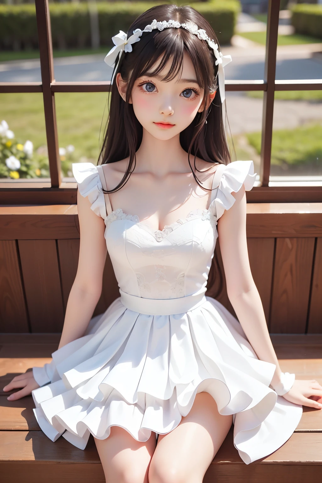 best quality, Masterpiece, Very Cute and Gentle Girl , ( lori), ( White Detailed Princess Dress with Lots of Frills), (Beautiful and delicate face), beautiful long hair, Delicate dress, white dress, The skirt is layered , Young Japanese Girl ,