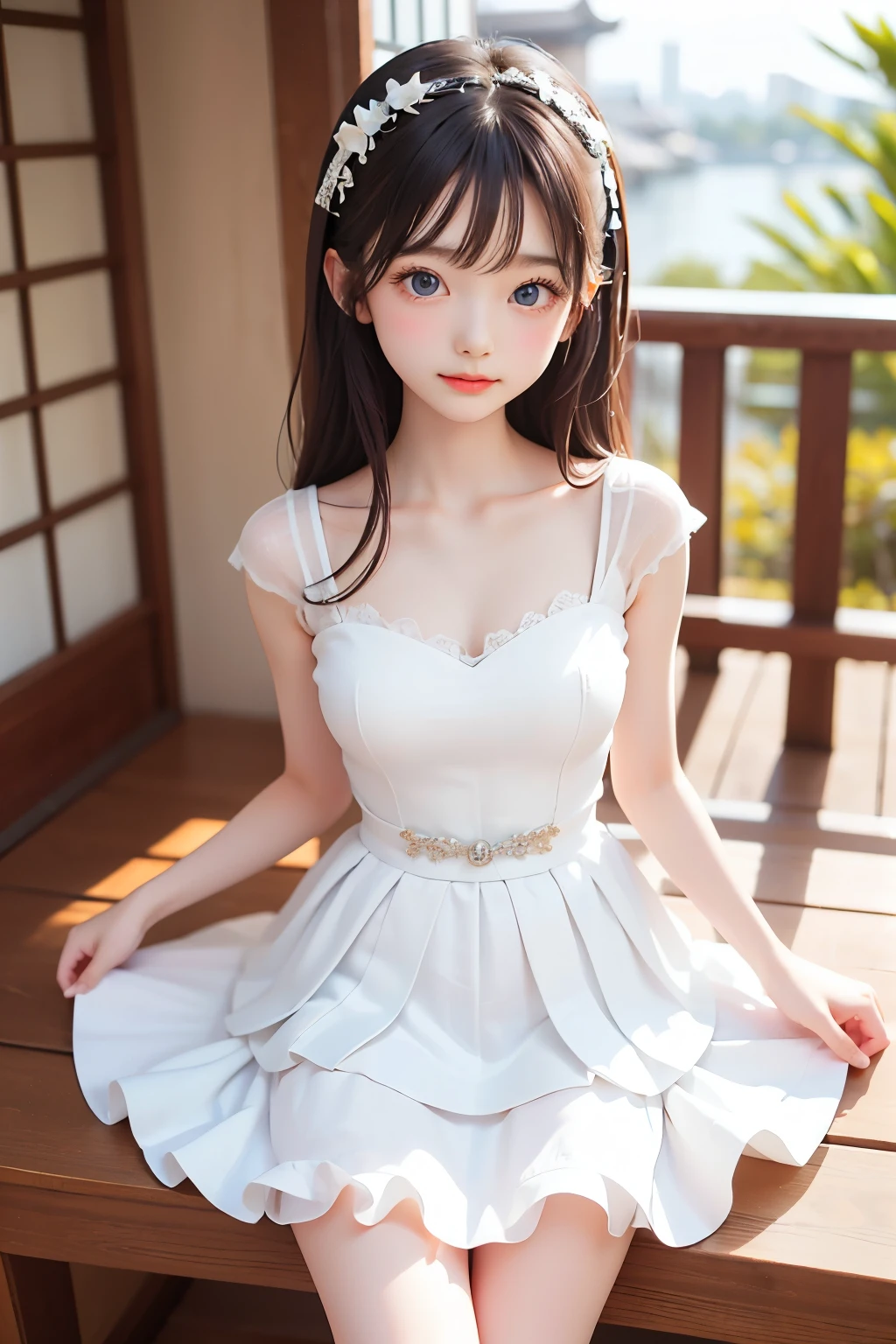  best quality,  Masterpiece,  Very Cute and Gentle Girl , ( lori), ( White Detailed Princess Dress with Lots of Frills), (Beautiful and delicate face),  beautiful long hair, Delicate dress,  white dress, The skirt is layered , Young Japanese Girl ,