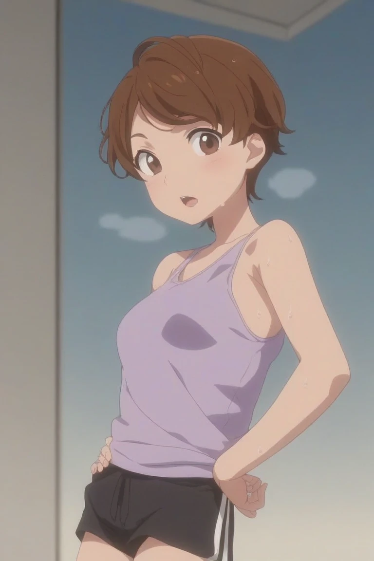 miyoshi kaya, light brown hair, high ponytail,orange eyes, parted bangs, forehead,
1girl,solo,looking viewer,,,,outdoor,flat chest,,camisole,panties,,ass,from back