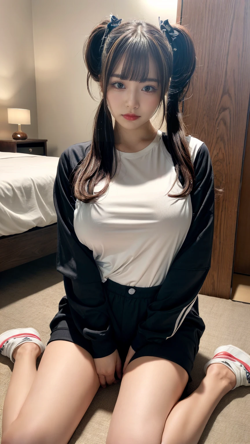 muste piece, best quality, illustration, Super detailed, fine details, High resolution, 8K,wall paper, perfect dynamic composition,(Details High quality, realistic depiction of eyes:1.3), Oversized Light Grey Hoodie, Erotic Shorts, short bob hair, Lying down, black hair color, Big Natural Color Lip, bold sexy pose, (perfect body shape), crying a little、cold gaze, Harajuku style、20 year old girl、cute type、lolita、beautiful legs, hotel room, hposing Gravure Idol, Voluptuous thighs, big hips
