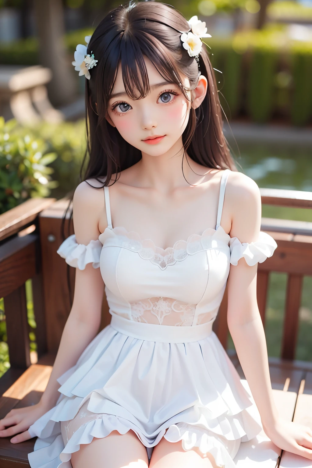  best quality,  Masterpiece,  Very Cute and Gentle Girl , ( lori), ( White Detailed Princess Dress with Lots of Frills), (Beautiful and delicate face),  beautiful long hair, Delicate dress,  white dress, The skirt is layered , Young Japanese Girl ,