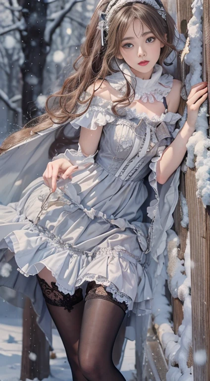 ( 8,000,Original image, best quality, masterpiece:1.2),(realisticlying, Photo Realistic:1.4), cover your face with sadness ,
Lolita Outfit ,Lace, Alice Gainsborough , upper body,thigh,Lace, , Bare shoulder , outside , (external,Snow covered,cloak,) high quality, Adobe Lightroom, highly detailed skin , looking at viewert,
