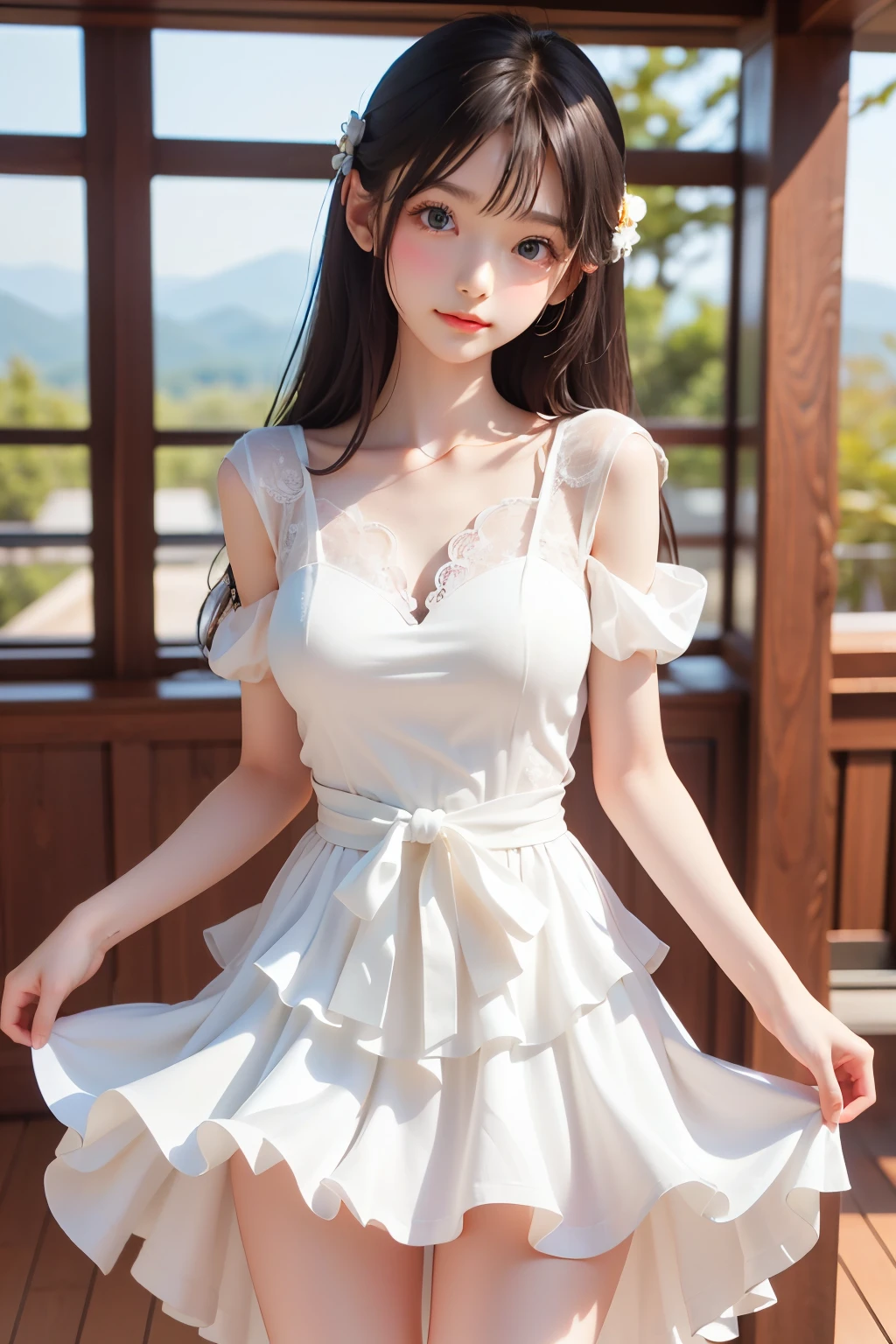best quality, Masterpiece, Very Cute and Gentle Girl , ( lori), ( White Detailed Princess Dress with Lots of Frills), (Beautiful and delicate face), beautiful long hair, Delicate dress, white dress, The skirt is layered , Young Japanese Girl ,