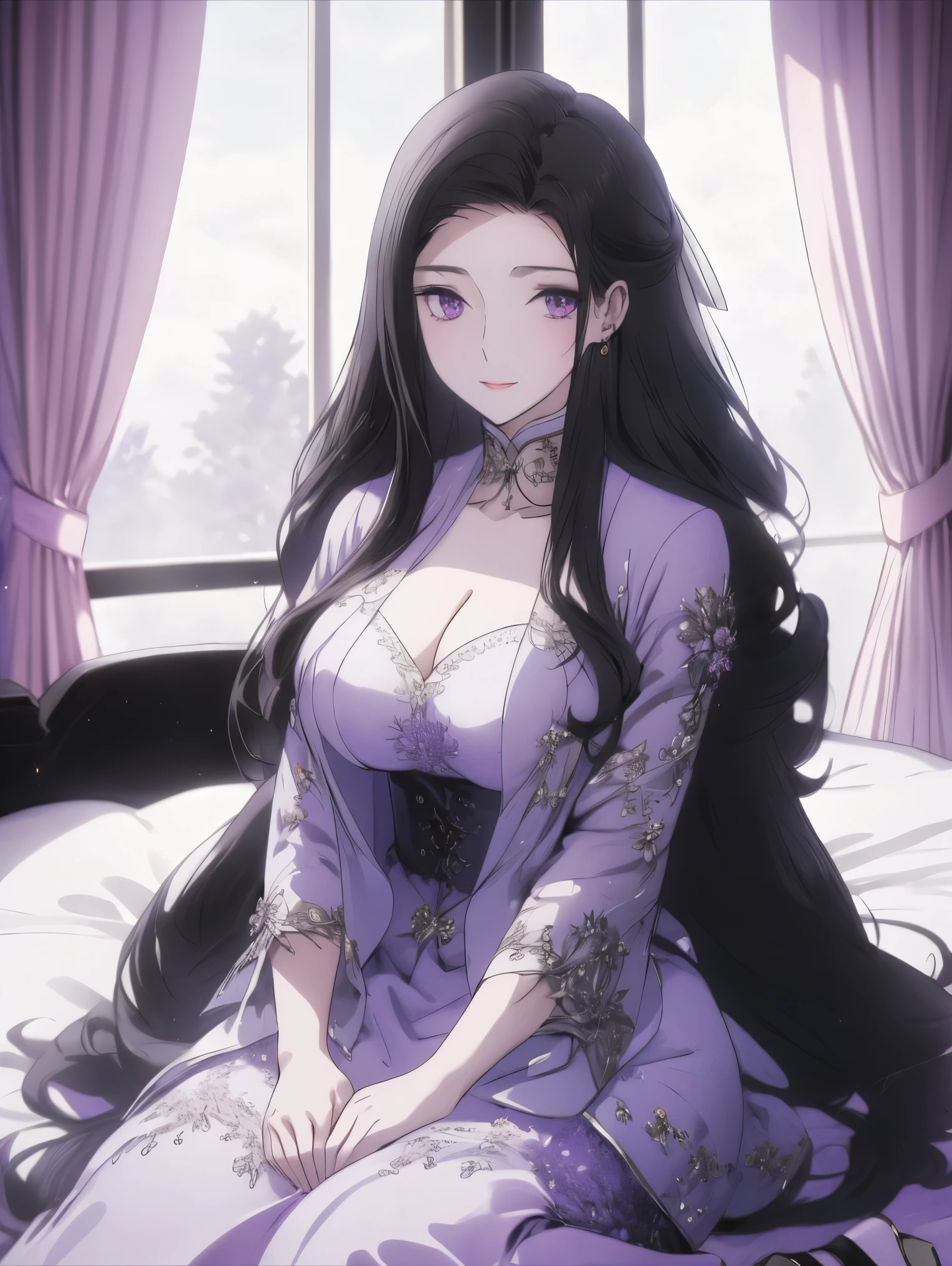 best quality, highly detailed, masterpiece, ultra-detailed, an extremely delicate and beautiful, full body, detailed light, extremely detailed eyes and face, huge filesize, artbook, photo, real, indoor, curtain, black hair, purple eyes, huge breasts, cleavage dress, high heels, smirk, stand, looking back, skirt lift, looking at viewer, bed