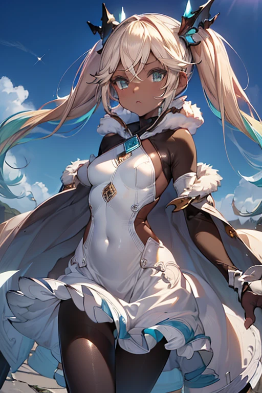 (extreme close-up of thigh:1.5), (The view is from very close below:1.5), Pushing hips forward, arms behind back, seductive smile, Open your mouth,
High resolution,Sharp focus,(Super detailed,Very detailed),(Very detailed CG unity 8k wallpaper),(((Vibrant colors))),{best illustration},
Iooikles,Platinum Blonde Hair,Twin tails, hair ornaments, (complete anatomy),
Complex eyes,beautiful,Symmetrical eyes,Big eyes:1.5,Seductive eyes, (((dark skin,dark_skin,lustrous skin:1.5,bright skin: 1.5,
skin tanned, shiny skin,very shiny skin,Shiny body,plastic glitter,
skin,exaggerated shiny skin,illuminated skin))),Perfect Fingers,
(Detailed body),(Detailed face)), cute,Lewd,erotic,Bold,Camel Toe,
small breasts,Revealing clothing,show skin,
(((Sexy aqua fur coat, Aqua fur coat outfit,
wearing a Ice Dress:1.3,aqua 冬 coat))), ((Ice Dress,elegant Ice Dress)),
(White gloves,White clothes,(((Complex outfit,Complicated clothes,Embroidered costume,Glamorous costumes,Embroidered clothes,
(((Glamorous clothing))),White Dress, skinsuit, Bodysuits, pantyhose,Black knee socks, Removable sleeves,
(Flying debris, 超High resolution),Wear an iridescent aura,
Invisible Light, Amazing shine, Neon orange glow, The colors of another world,Bright colors, Ghostly Effects,
Cumulonimbus,Surrounded by water, reflection,息を呑むほどbeautiful雲,Light,Dazzling Light,Cinematic Light.The wind is blowing,Vast ocean,
White sand beach,Coconut Tree,Sparkling Splashes,Shallow seas,Rocky area,