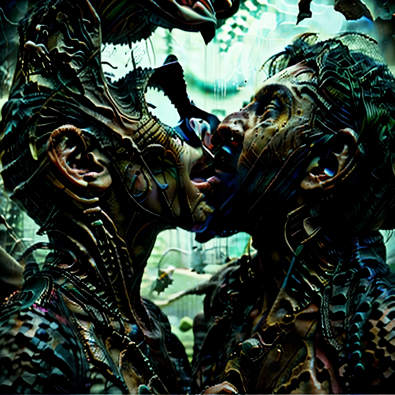 Man and woman turning into Tyrannosaurus Rexes. The half human - half T Rex couple are in love and can be seen facing each other with human morphing into dino heads and bodies kissing with their tongues stuck out at one another. Gene splicing, species transformation, evolution in reverse, Very Heavily pixelated, deranged, photo unrealistic, dino morph, pixel out of control art, horrible quality, only a drug addict, or a paranoid schizophrenic, or both, could like this image, imagine that! Hi Jeremy!