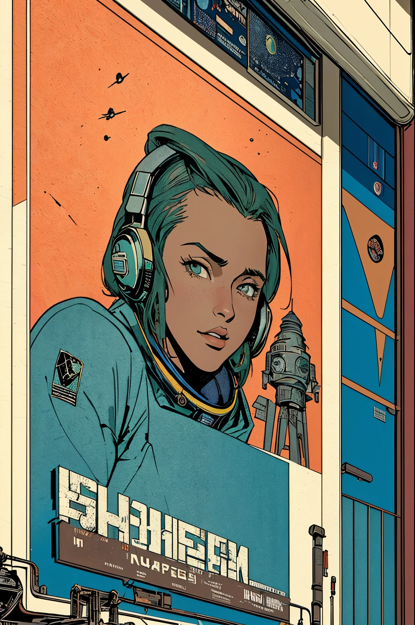 (((masterpiece,best quality))),32K Wallpaper,((( very detailed poster))),retro vintage,sci-fi,(((space thriller cinematic movie poster))),(((Bauhaus))),(((mid-century modern))),(((outer heaven))),(solo1girl :1.2)