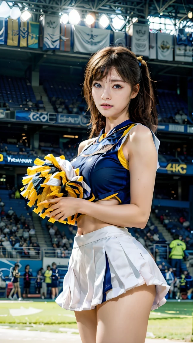 (((Sleeveless cheerleader Costume))),(((holding a pom-poms))),(((Skirt lift:1.5))),(((cleavage cutout))),(((dynamic pose))),(((bare inner thigh))),(((bare sport panty))),ulzzang-6500-v1.1, (Raw photo:1.2), (Photo realistic:1.4), a beautiful detailed girl, extremely detailed eye and face, beautiful detailed eyes, ultra-detailed, High resolution, top-quality, masterpiece, highly detailed, 8k wallpaper, Wonderful, finely detail, top-quality, Light on the face,电影灯光,1girl in,(Taoyuan International Baseball Stadium in Taiwan),Beautiful eyes,smile,Opening Mouth