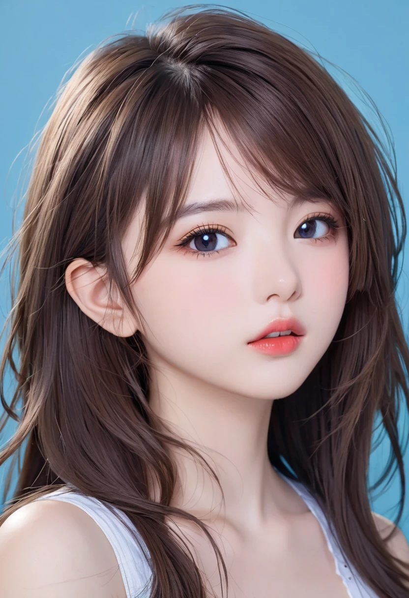 leogirl ,cute 1 Girl,long messy brunette, bite your lips,Tempting forward, delicate skin, delicate face ,True,Trueistic,1 Girl,White hair, blue background , upper body,