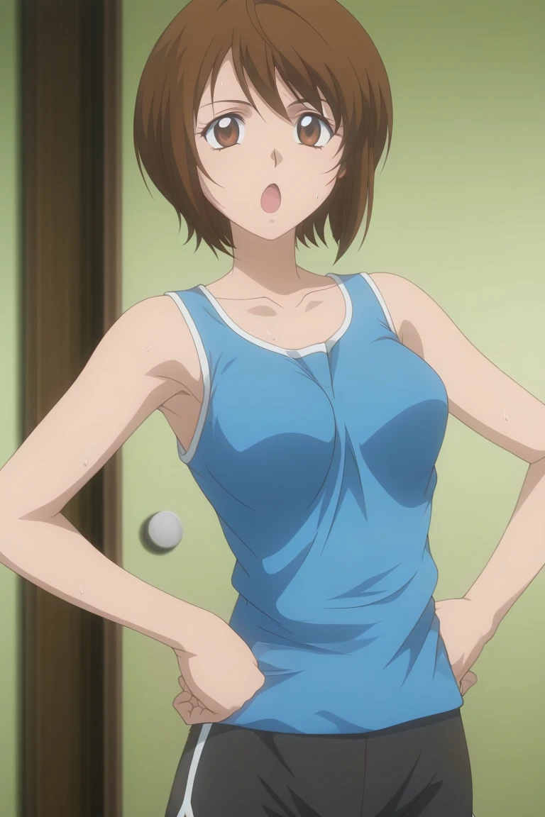 score_9, score_8_up, score_7_up, score_6_up, score_5_up, score_4_up, BREAK, source_anime, anime screencap, anime coloring, 1girl, solo, perfect anatomy, (TachibanaKotoha), brown hair, medium hair, forehead, amber eyes, hair behind ear, earrings, mole under eye, lite smile, looking at viewer, sweat, (skintight, very tight sleeveless gym uniform, white shirt, shirt-in, under sized micro blue buruma, zettai ryouiki white thighhighs), sagging huge_breasts, tarechichi, erect nipples, thigh gap, indoor, gym, hand on hip, standing, skinny, (unshaven hairy natural public hair:1.2), unshaven hairy natural armpit hair