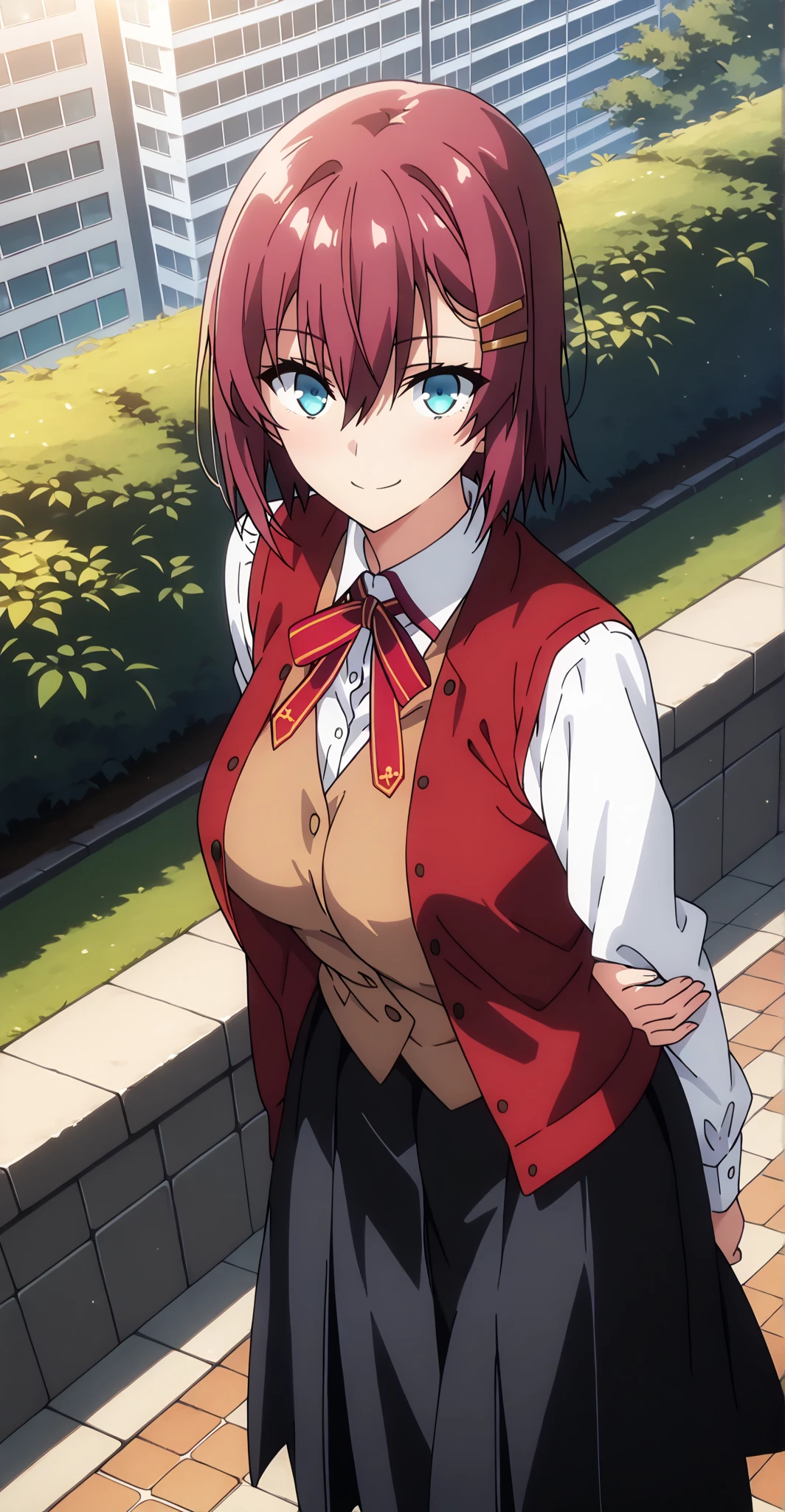 An anime girl with red hair and blue eyes wearing a skirt and an open shirt revealing a black and red bra