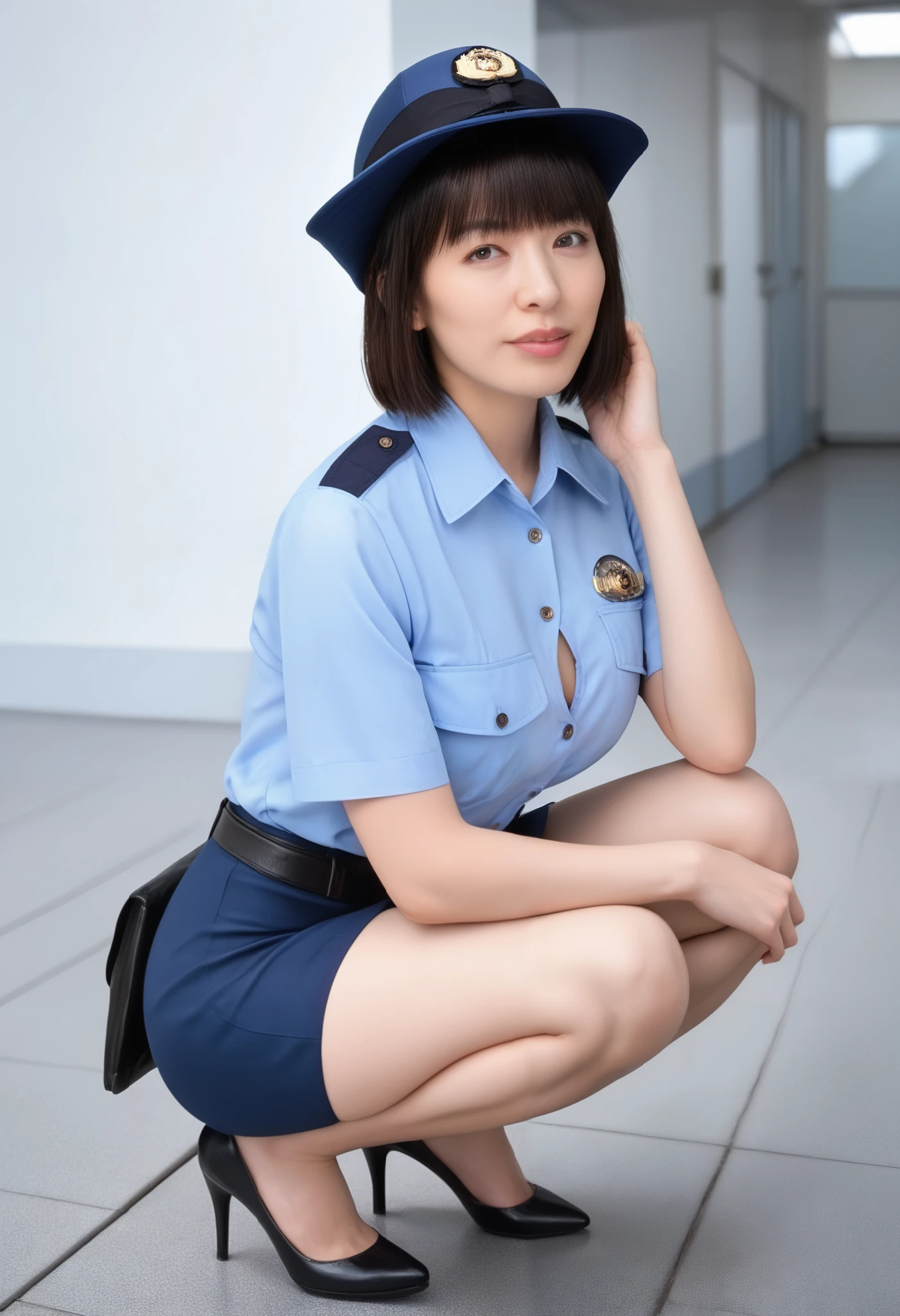  top quality, Masterpiece, 16k,  RAW photos ,  score_9_  up the side,  score_8_  up the side,  score_7_ up the side,  japanese mature, Big Breasts:1.5,  dark brown hair , Light blue shirt, shirt buttons are empty,  cleavage, blue tight knee-length skirt ,Realistic thin black stockings,  black high heels, One mature woman, Police Hat, Breast Pocket , Swift Bangs,  medium hair ,Short sleeve,  full body image, Squatting in a sexy pose, Stand in a 