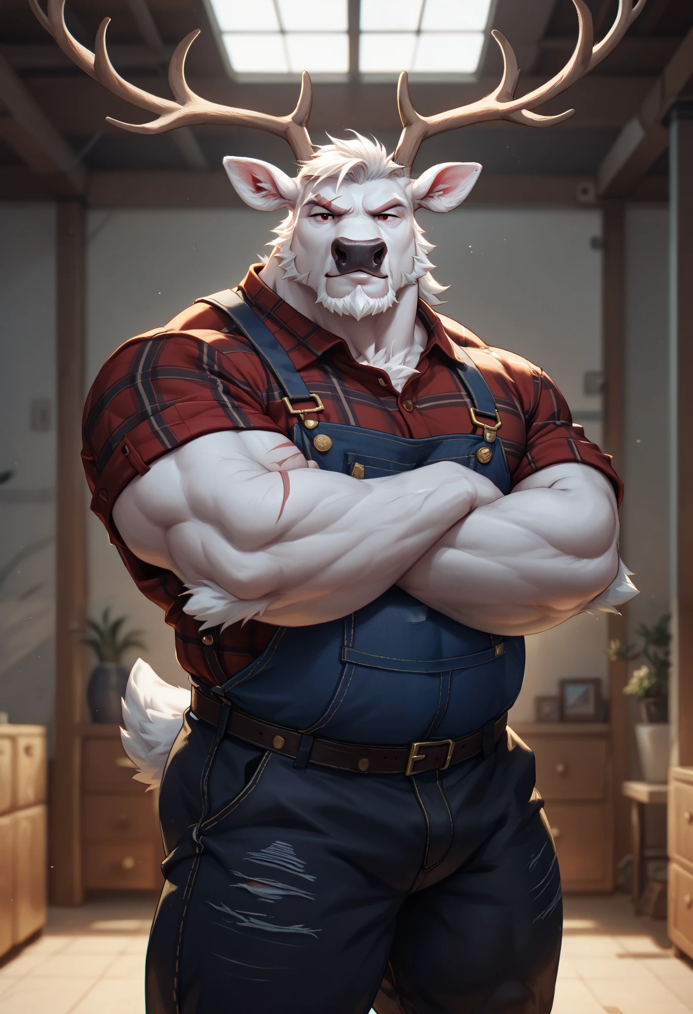solo, anthro male, elk, ((fluffy fur, furry body, fluffy)), older male, male in late 40s, muscular male (pectorals, hefty, musclegut), deer antlers, antlers, (white body, white skin, white fur), red eyes, black nose, scar on mouth, scar on lip, scar on chin, bearded, heavy beard, hairy chin, plaid collared shirt, lumberjack attire, rolled sleeves, (black overalls, overall straps, black pants), woodwork background, indoors, (close-view portrait), standing, looking at viewer, from front, arms crossed, high resolution, deer tail, correct anatomy, best quality, masterpiece,