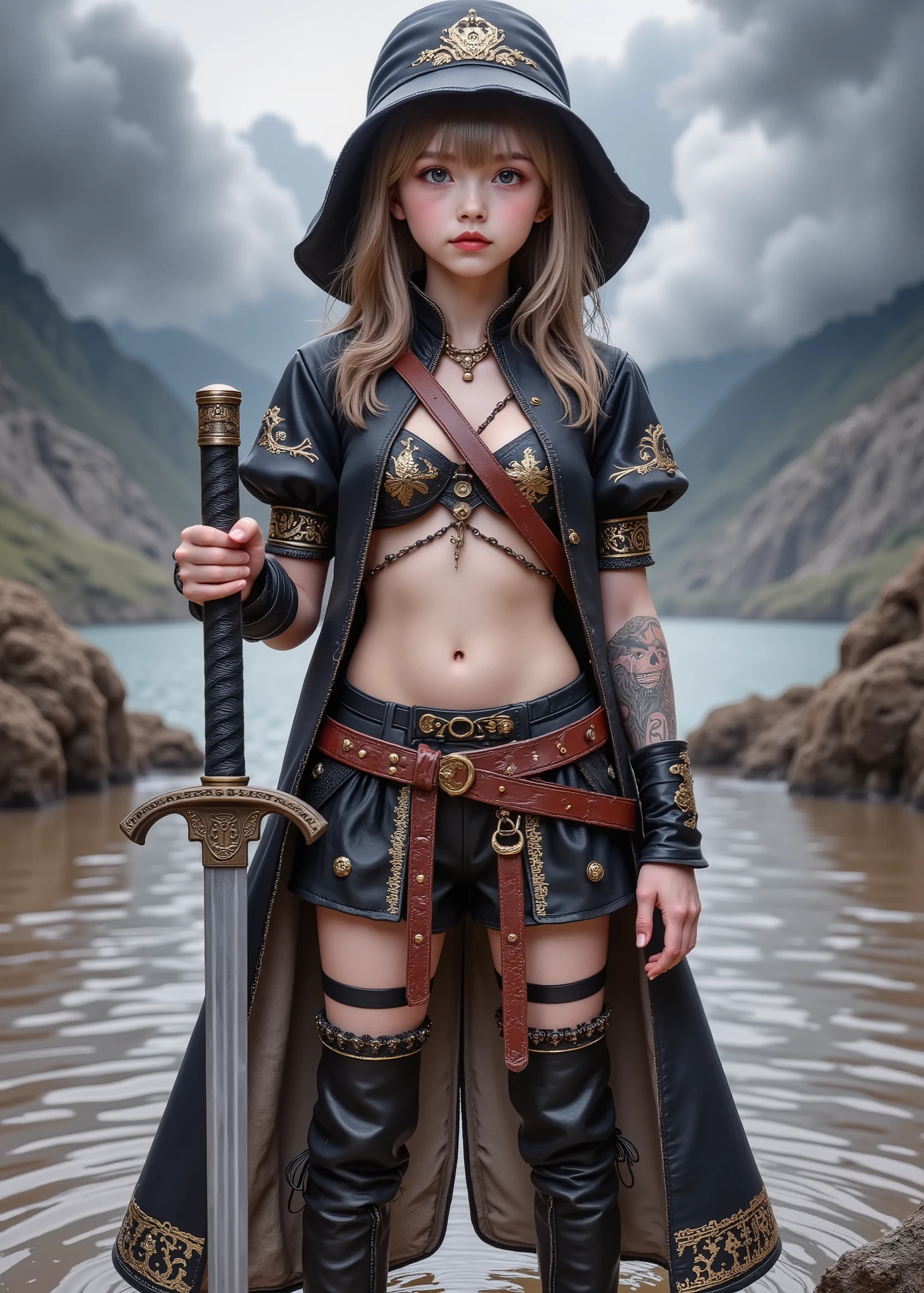 (Super real full body photo :1.5) , young girl in a dirty lake , wearing a punk style hooded Templar uniform, Hold a Japanese sword ,(I can see my beautiful belly :1.5)、The head is not covered by anything, gray clouds swirling against the background