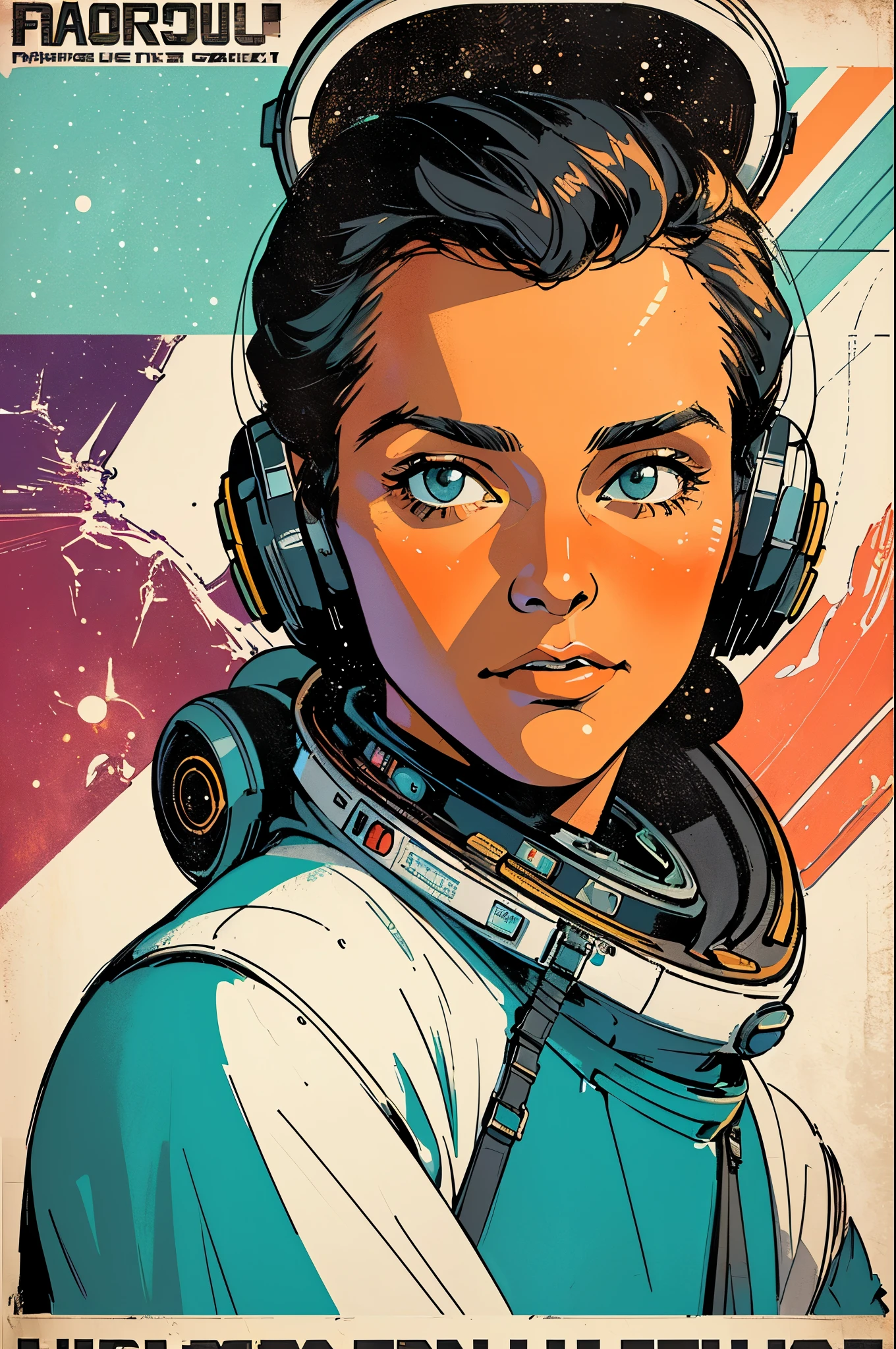 (((masterpiece,best quality))),32K Wallpaper,((( very detailed poster))),retro vintage,sci-fi,(((space thriller cinematic movie poster))),(((Bauhaus))),(((mid-century modern))),(((ultimate galaxy))),(solo1girl :1.2)