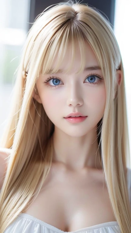 (Close-up:1.4)、(RAW shooting:1.2)、(Photorealistic:1.4)、(masterpiece:1.3)、(Highest quality:1.4)、Bright expression、Very cute girl、An exceptionally beautiful girl、Cute and beautiful face details、Beautiful Bangs、Radiant, fair, glowing skin、Facial hair、Bangs that reach the face、Bangs between the eyes、Super long hair、Super long, straight, silky hair with a striking platinum blonde hue、Thin Hair、Attractive shining beautiful bright clear light blue big eyes、one piece、eyeliner、double eyelid、Ample Bust、Upper Body、