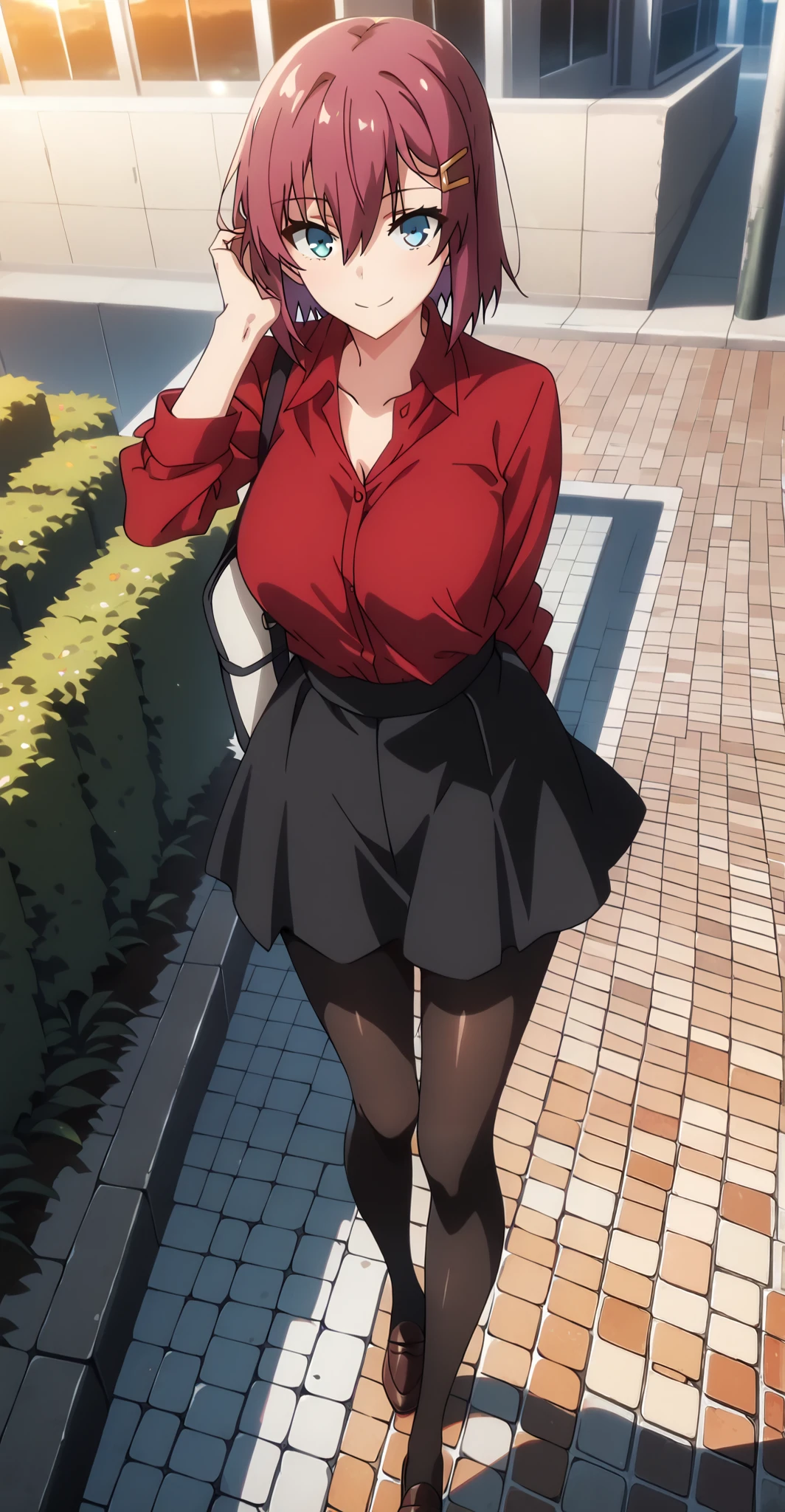 masterpiece, best quality, amazing quality, very aesthetic, absurdres, newest, scenery,highly detailed,high-resolution, {{Increase saturation:1.2、Highly colored}} looking at viewer,smile, solo, AkaneNanao,1girl,red hair,short hair,hairclip,blue eyes, Medium breasts,
RinUniversity, red shirt, collared shirt, black skirt, black pantyhose, open collar